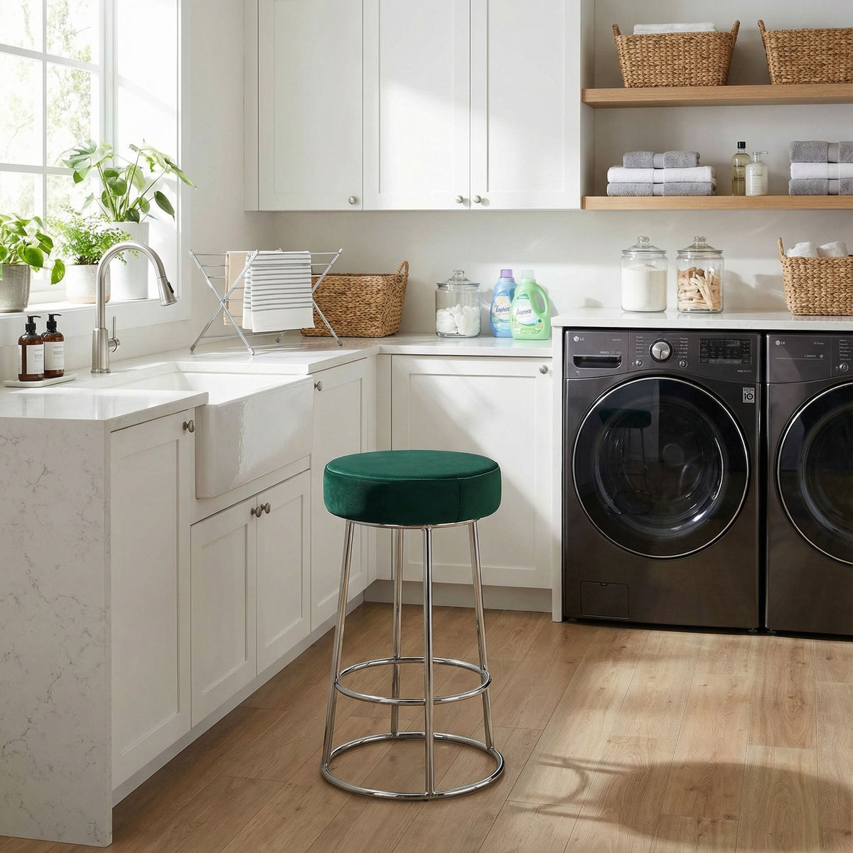 Bodiam Counterstool in Green Velvet and Chrome Metal, 24"