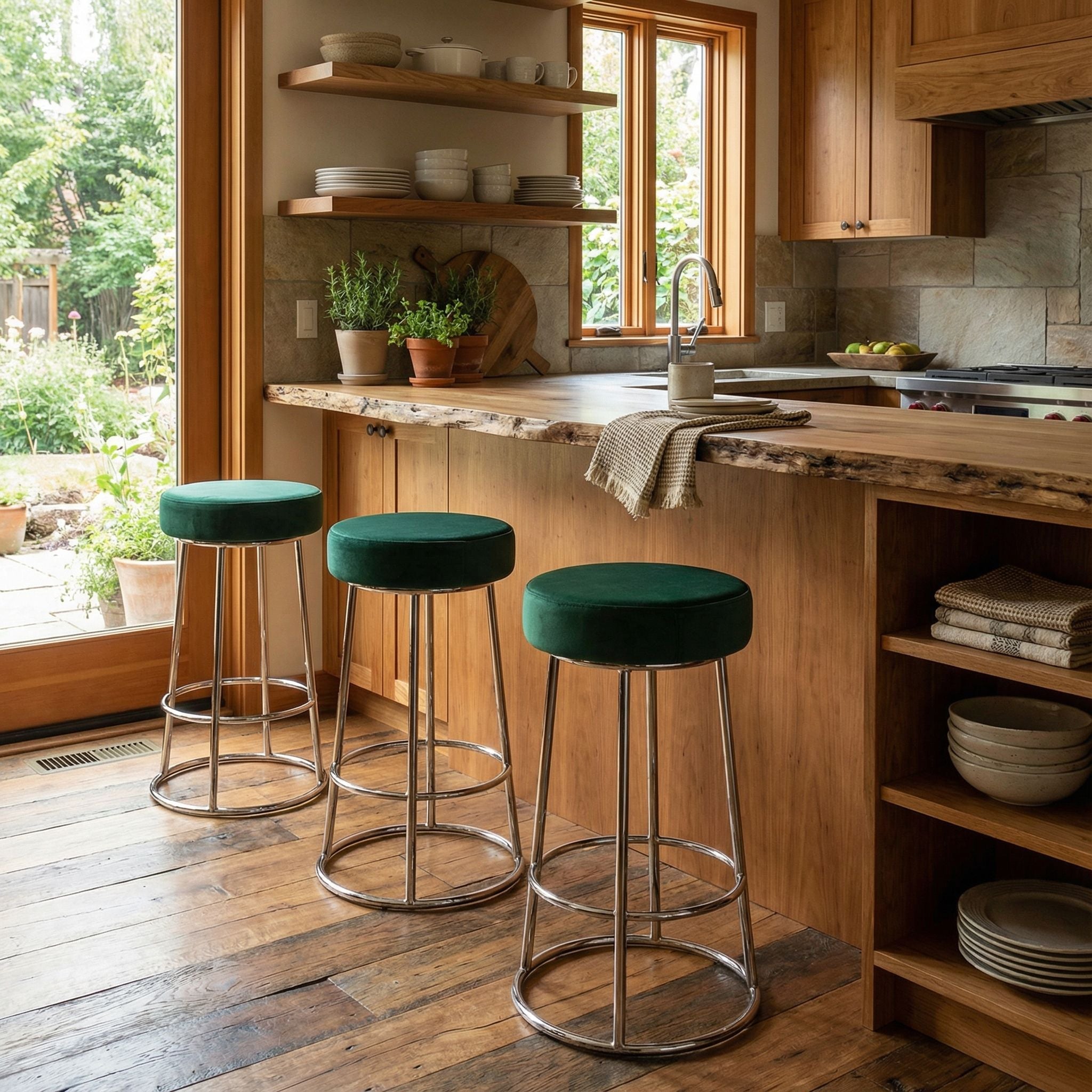 Bodiam Counterstool in Green Velvet and Chrome Metal, 24"