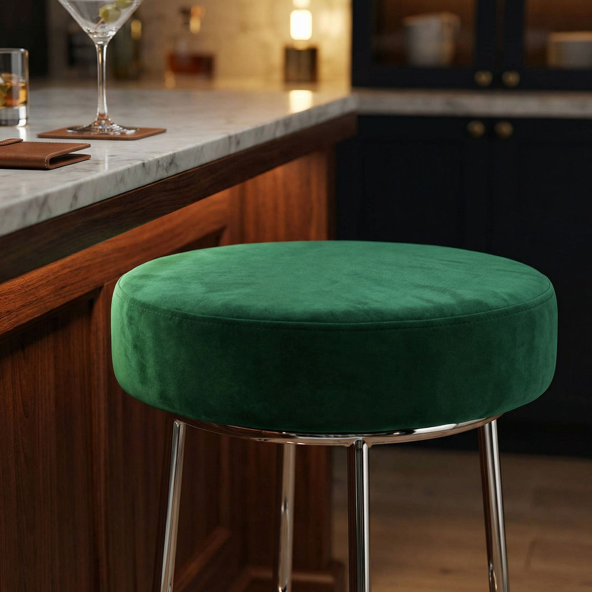 Bodiam Counterstool in Green Velvet and Chrome Metal, 24"