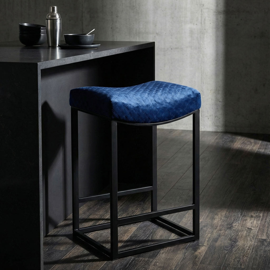Cortesi Home Portales Counterstool, Brushed Black Legs and Navy Blue Fabric