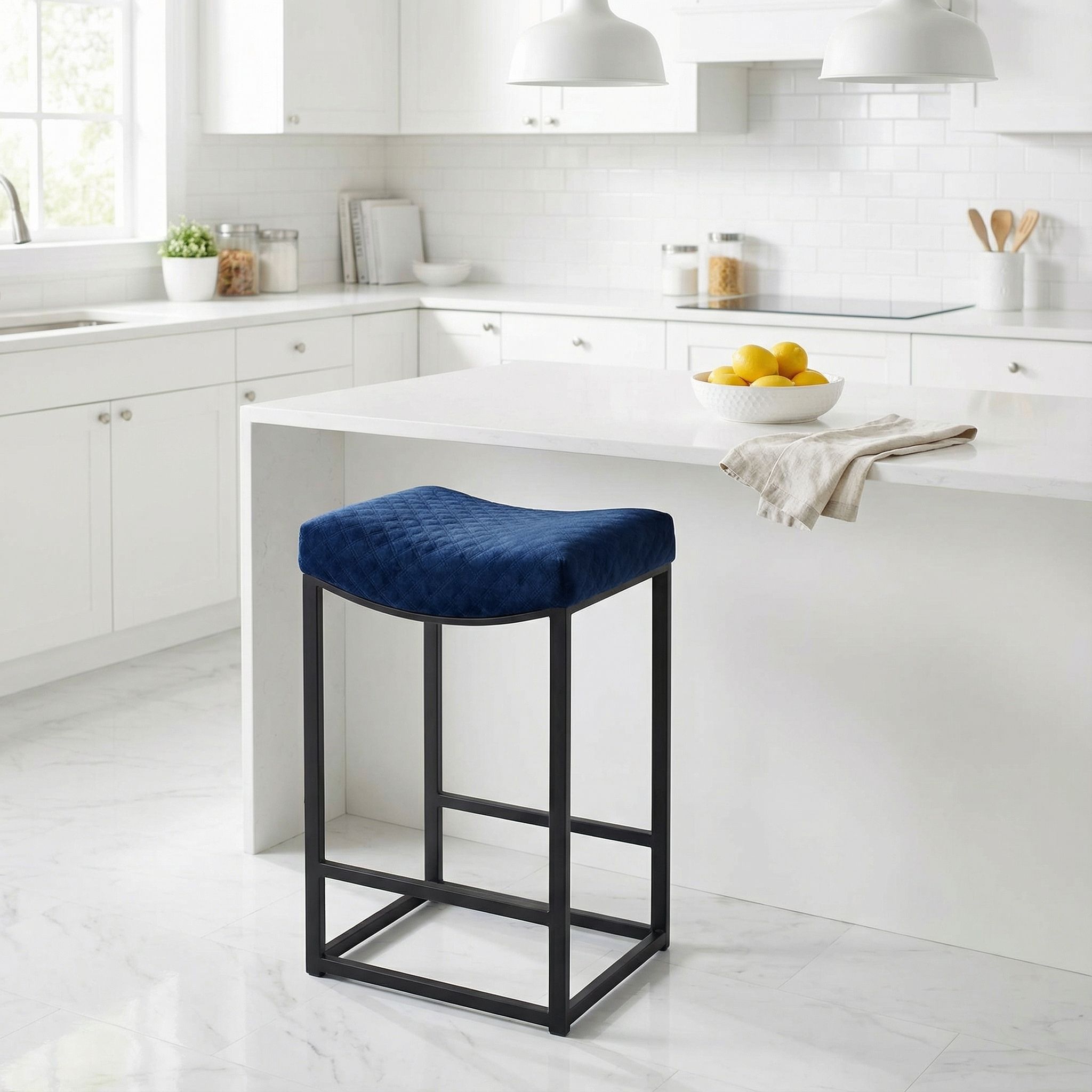 Cortesi Home Portales Counterstool, Brushed Black Legs and Navy Blue Fabric