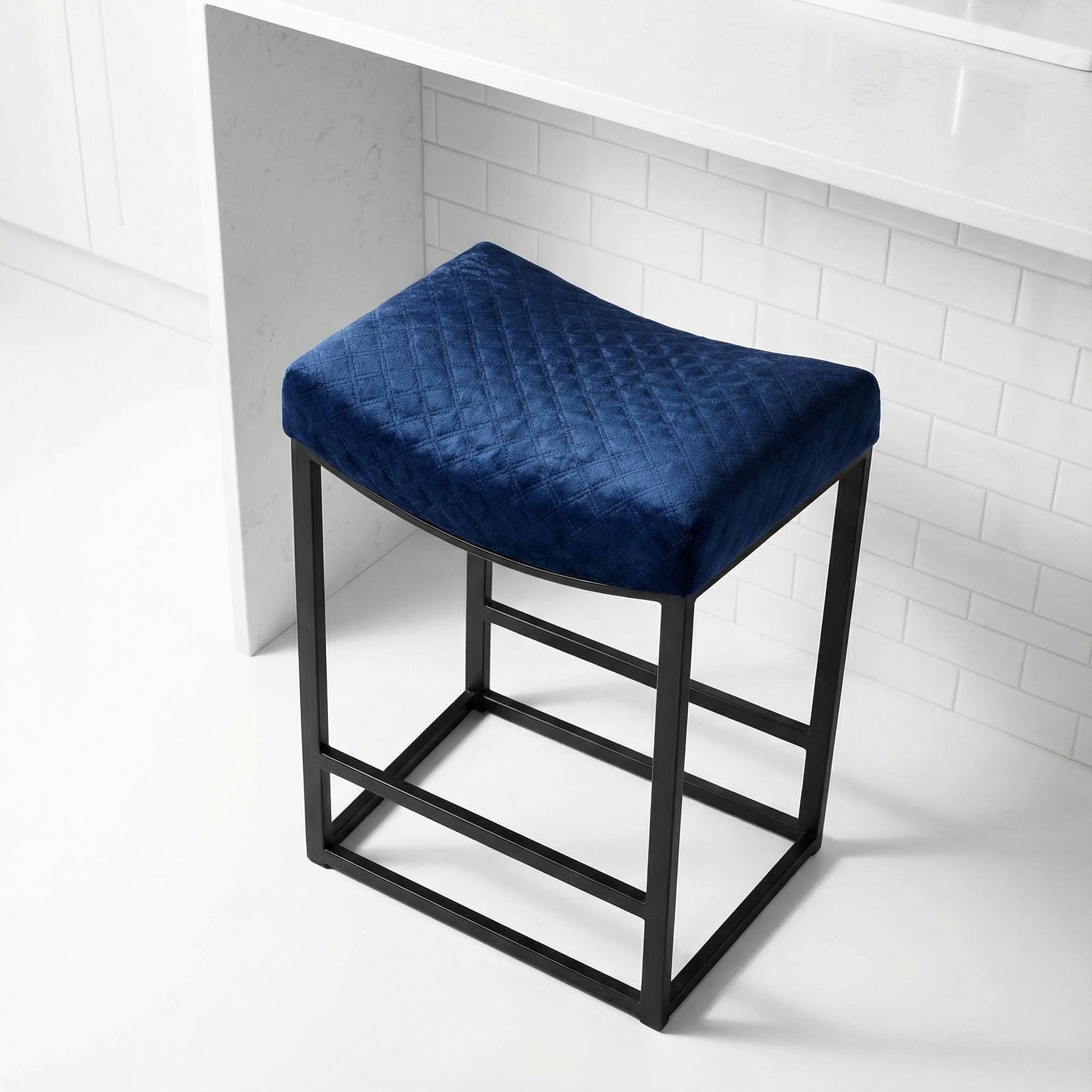 Cortesi Home Portales Counterstool, Brushed Black Legs and Navy Blue Fabric