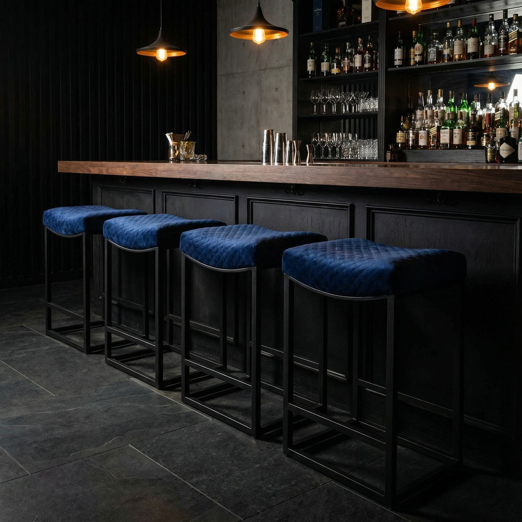 Cortesi Home Portales Counterstool, Brushed Black Legs and Navy Blue Fabric