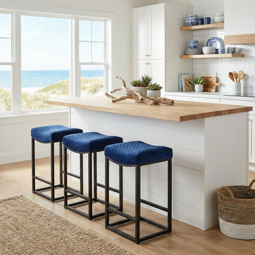 Cortesi Home Portales Counterstool, Brushed Black Legs and Navy Blue Fabric