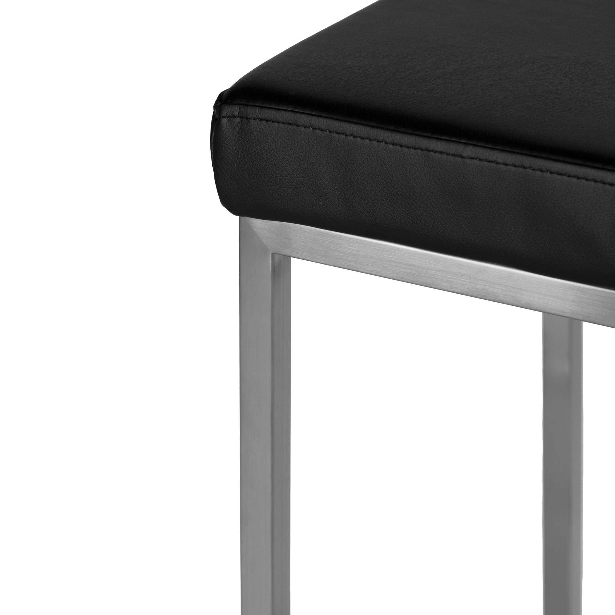 Adele Square Counter Stool in Brushed Stainless Steel, Black faux Leather