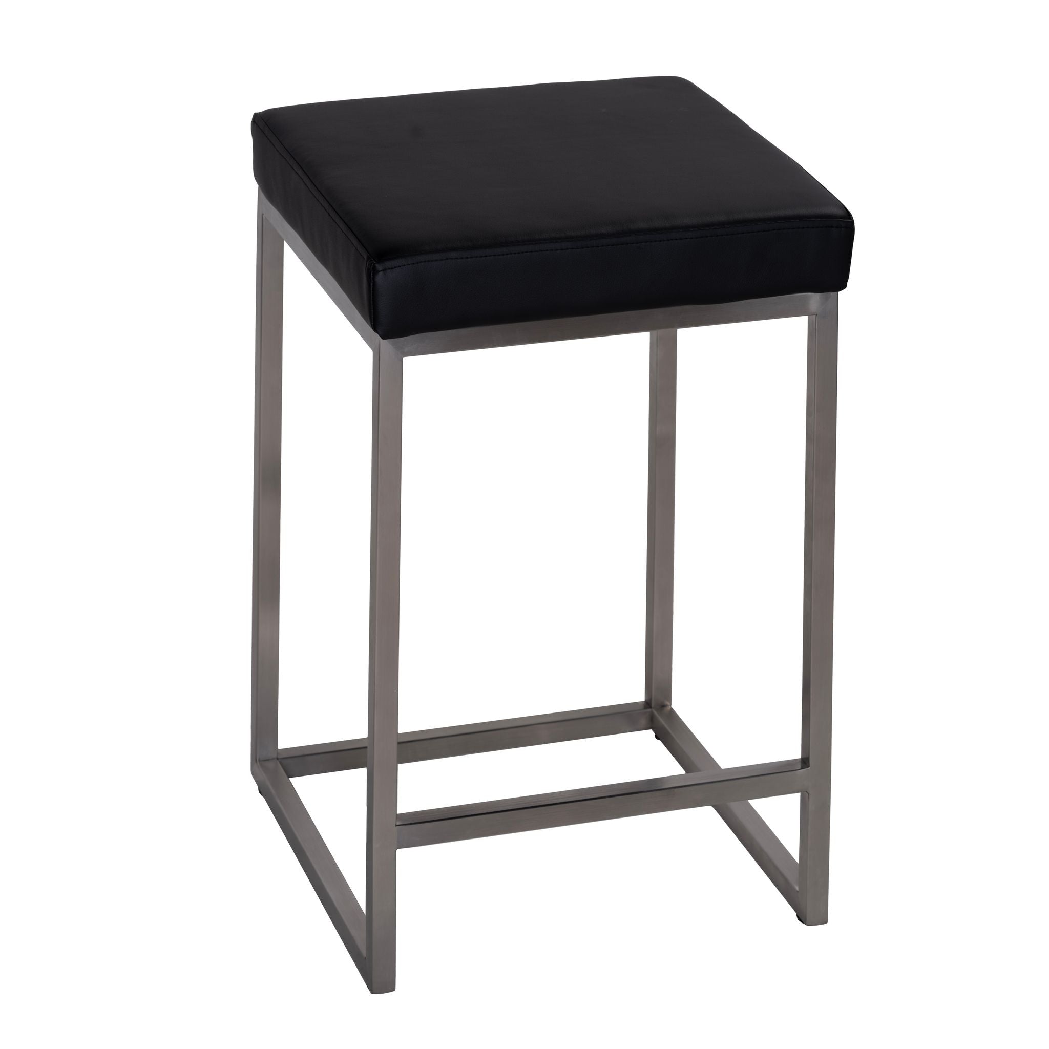 Adele Square Counter Stool in Brushed Stainless Steel, Black faux Leather