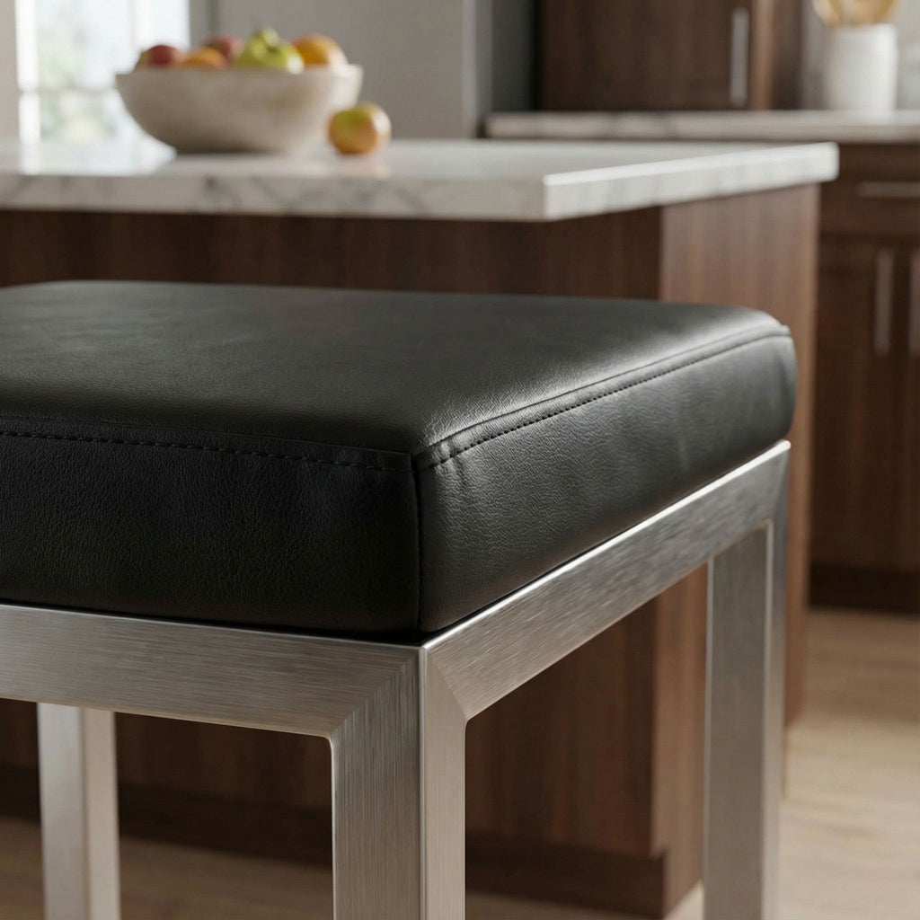 Adele Square Counter Stool in Brushed Stainless Steel, Black faux Leather