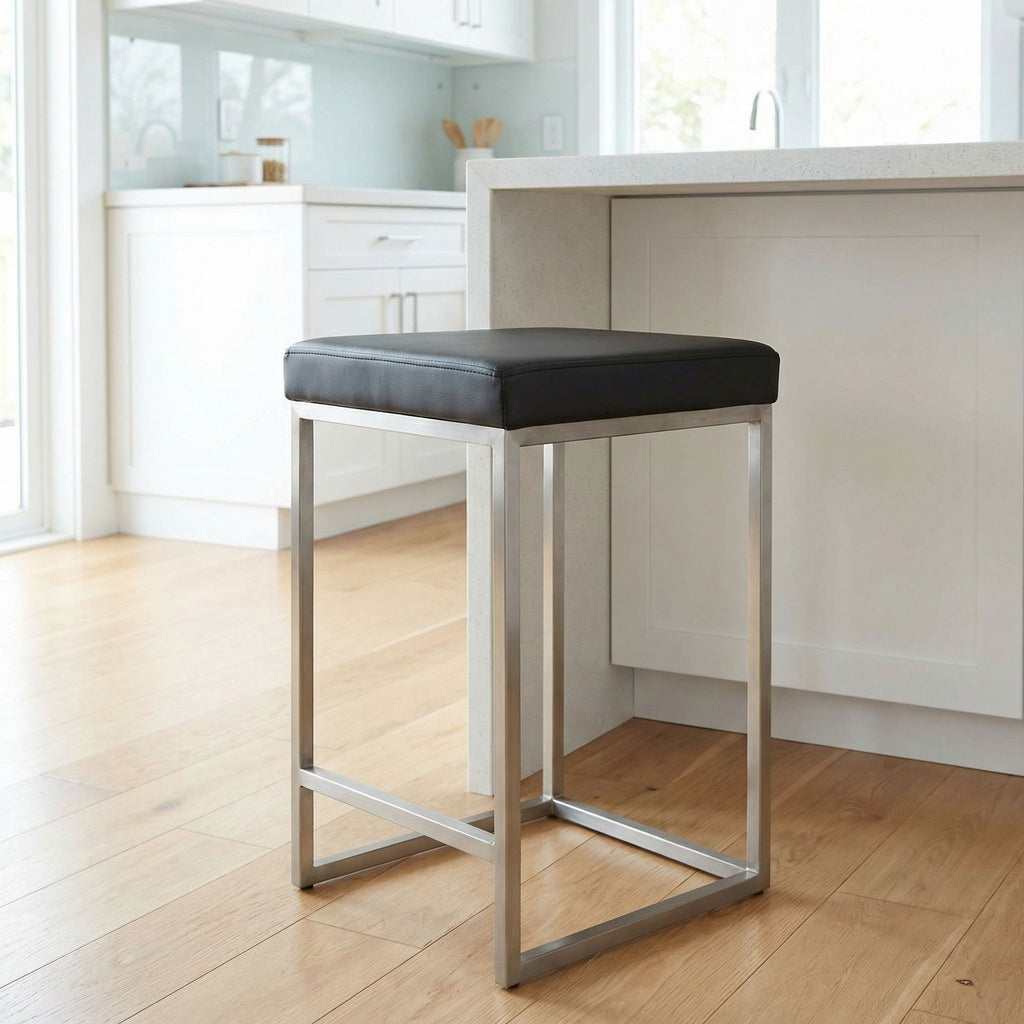 Adele Square Counter Stool in Brushed Stainless Steel, Black faux Leather