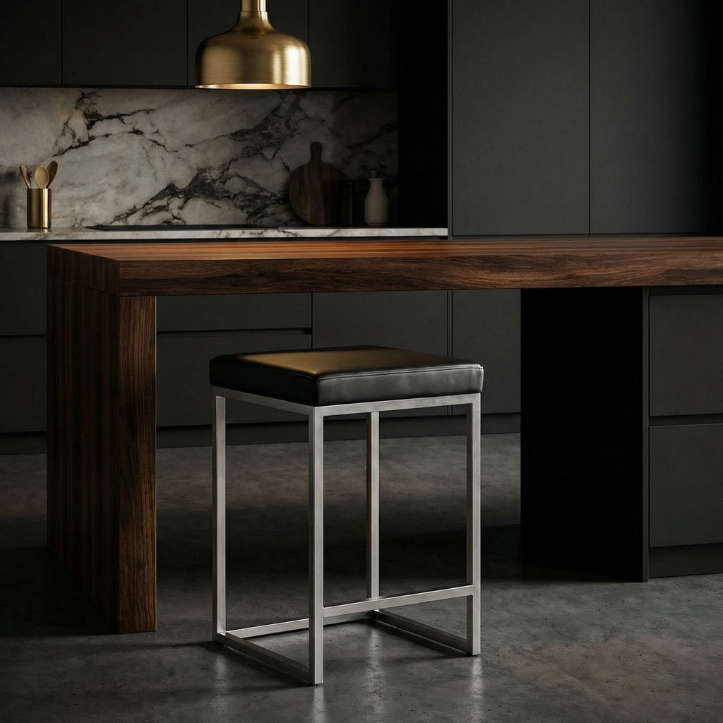 Adele Square Counter Stool in Brushed Stainless Steel, Black faux Leather