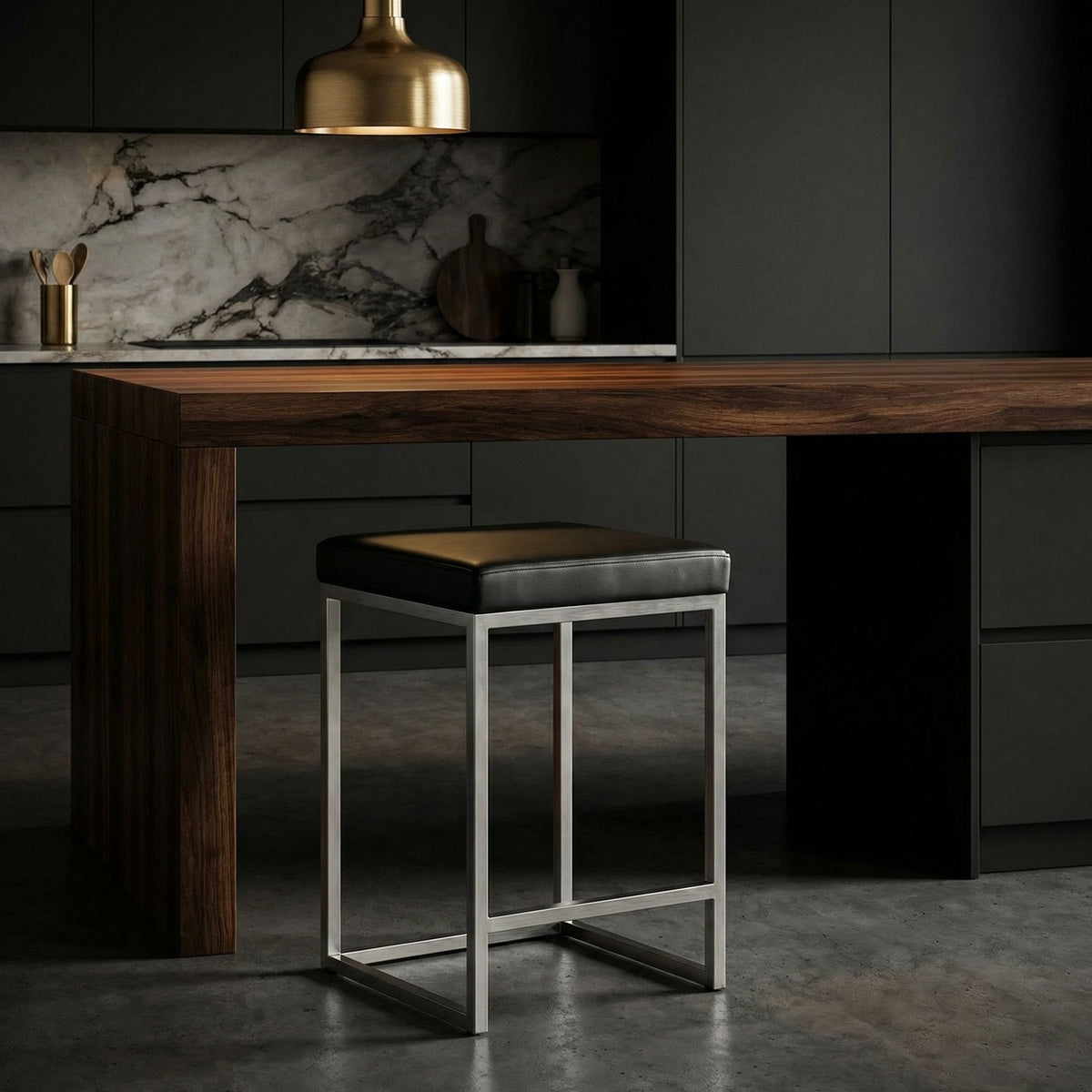 Adele Square Counter Stool in Brushed Stainless Steel, Black faux Leather