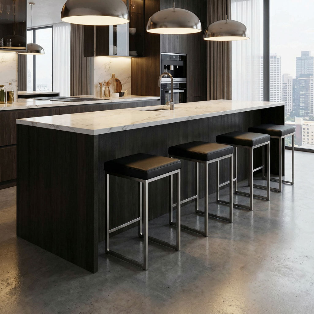 Adele Square Counter Stool in Brushed Stainless Steel, Black faux Leather