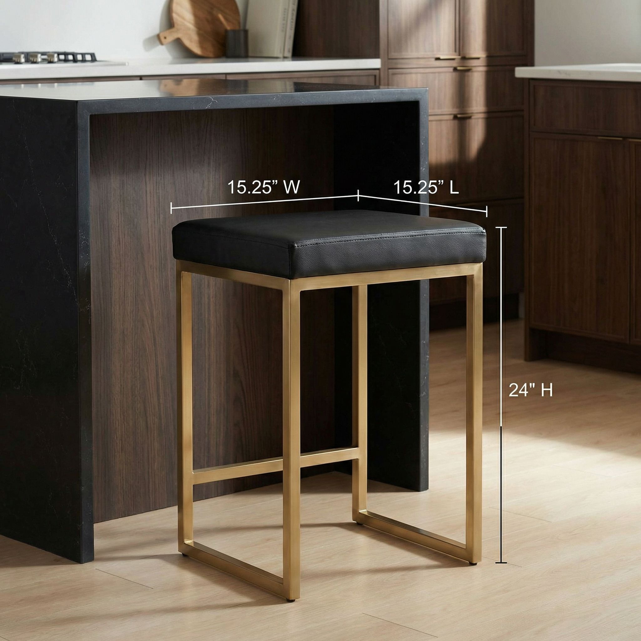 Adele Square Counter Stool in Brushed Gold Stainless Steel, Black Leathermatch