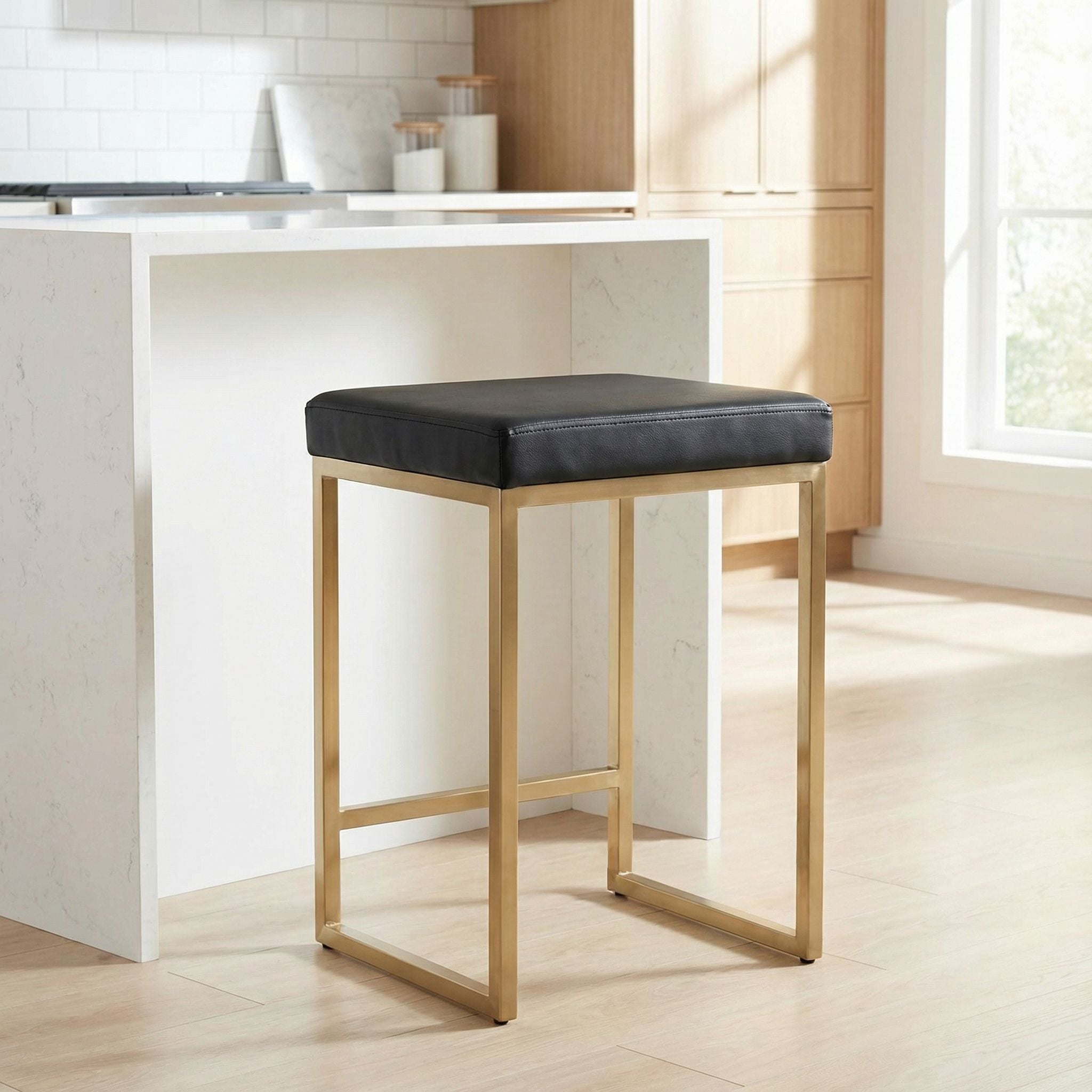 Adele Square Counter Stool in Brushed Gold Stainless Steel, Black Leathermatch