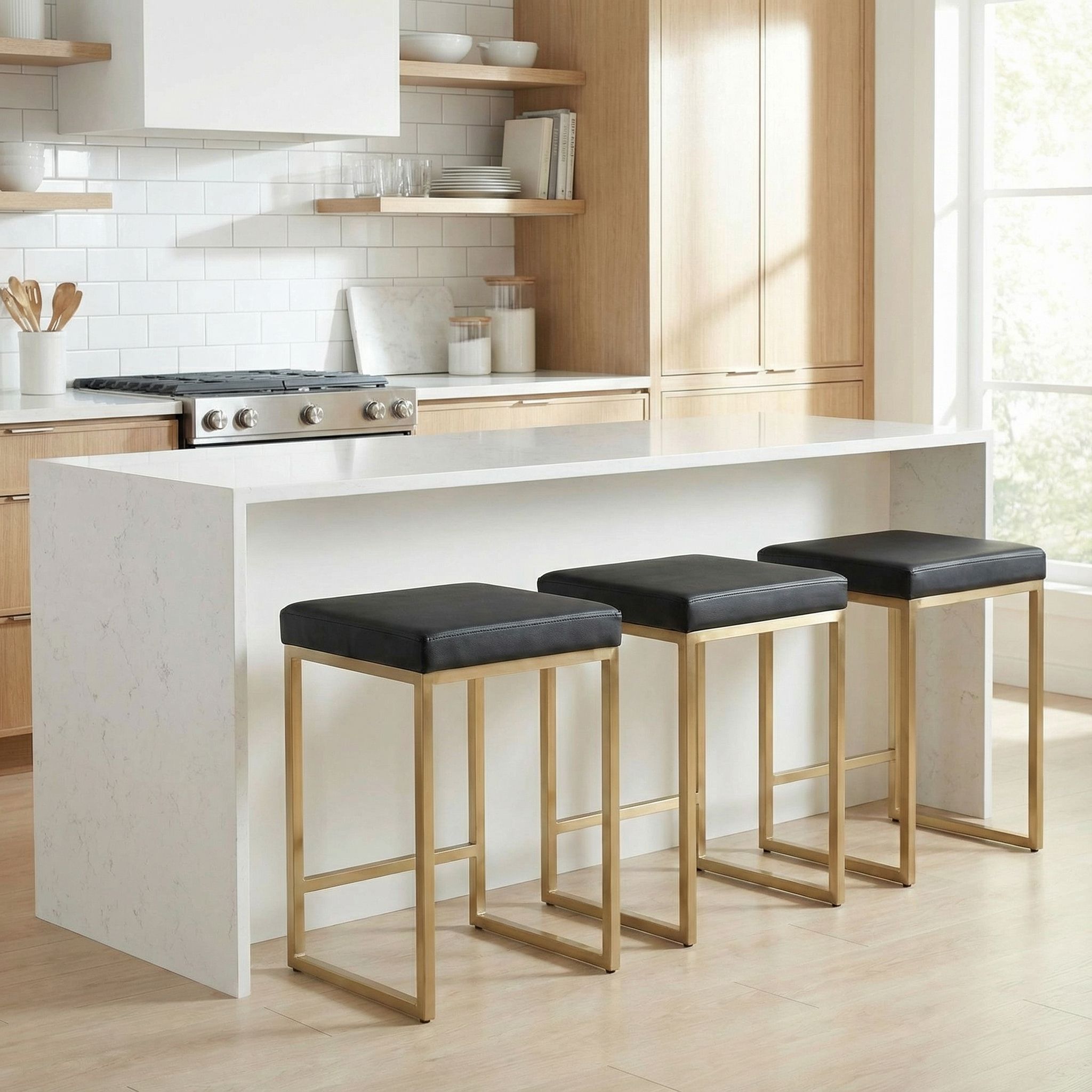 Adele Square Counter Stool in Brushed Gold Stainless Steel, Black Leathermatch