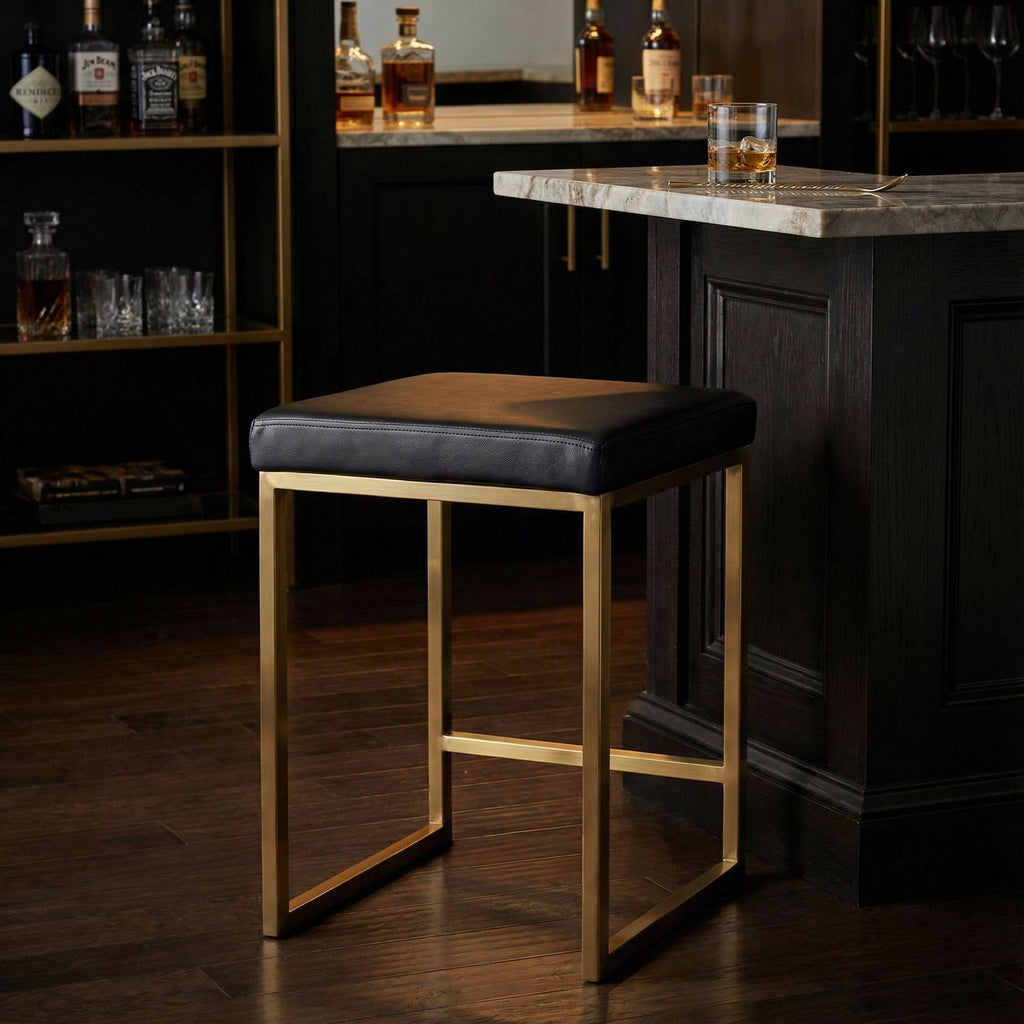 Adele Square Counter Stool in Brushed Gold Stainless Steel, Black Leathermatch