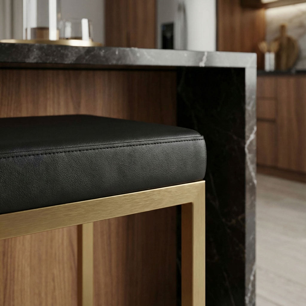 Adele Square Counter Stool in Brushed Gold Stainless Steel, Black Leathermatch