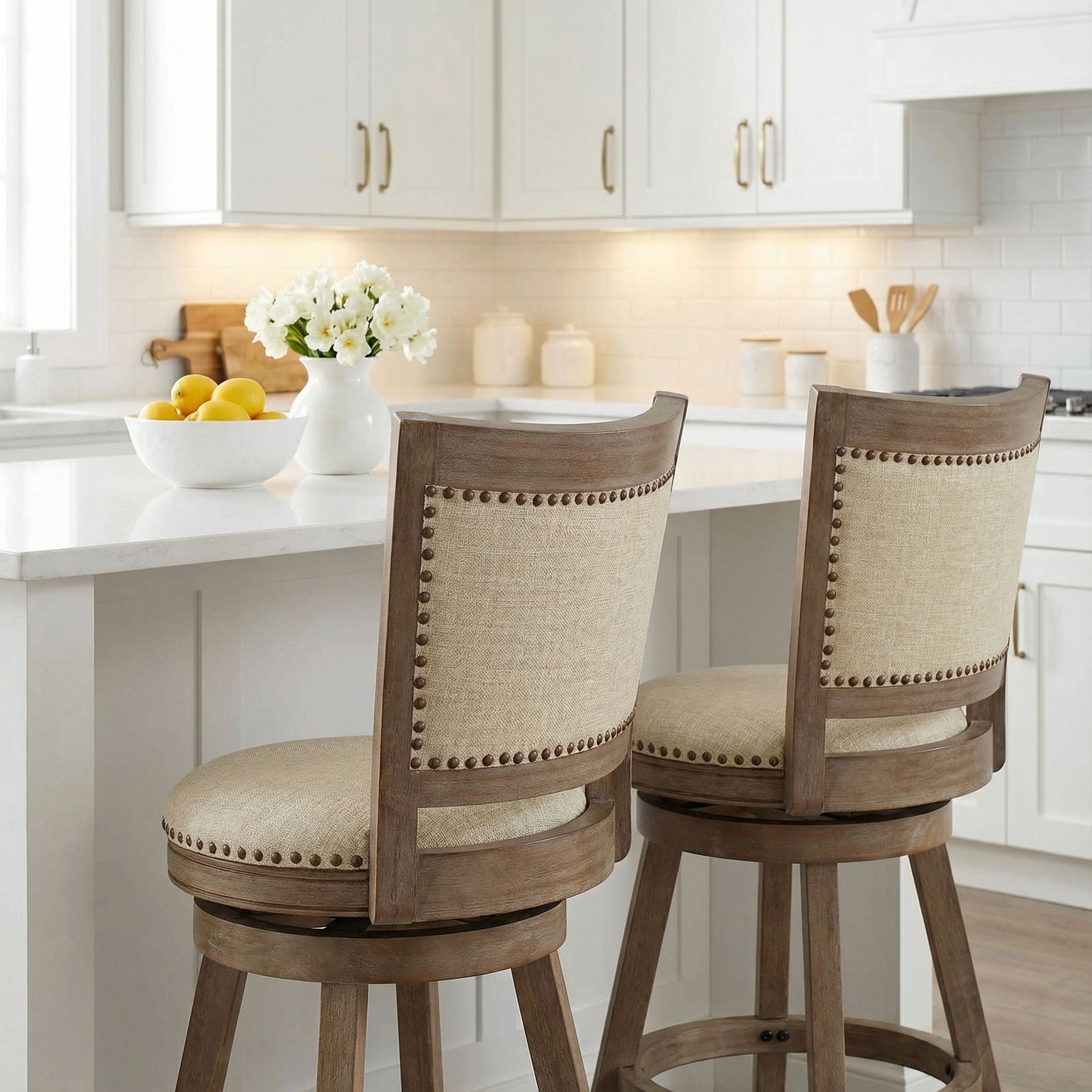 Marko Counter Stool Beige Fabric Swivel Seat with Back, 24" Seat