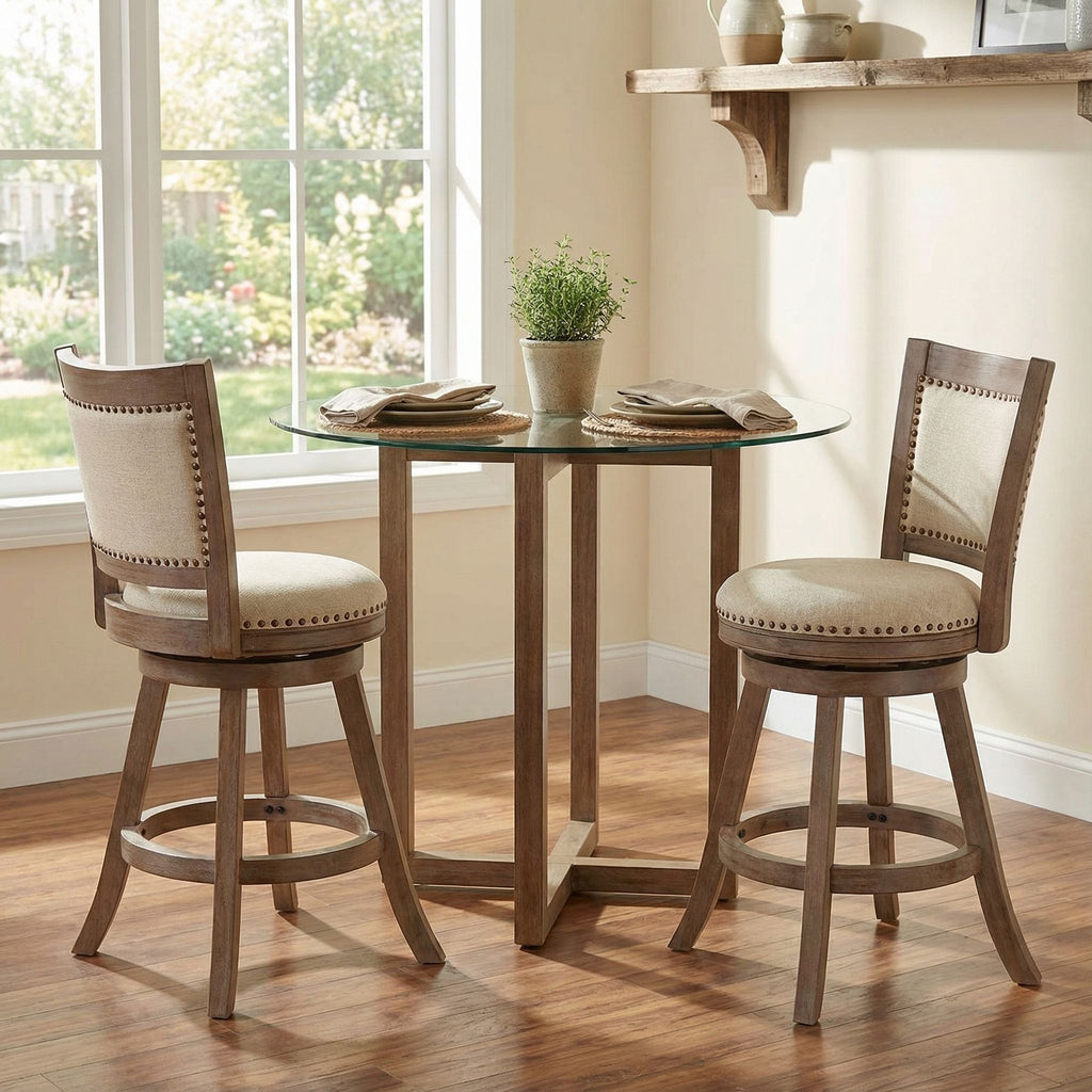 Marko Counter Stool Beige Fabric Swivel Seat with Back, 24" Seat