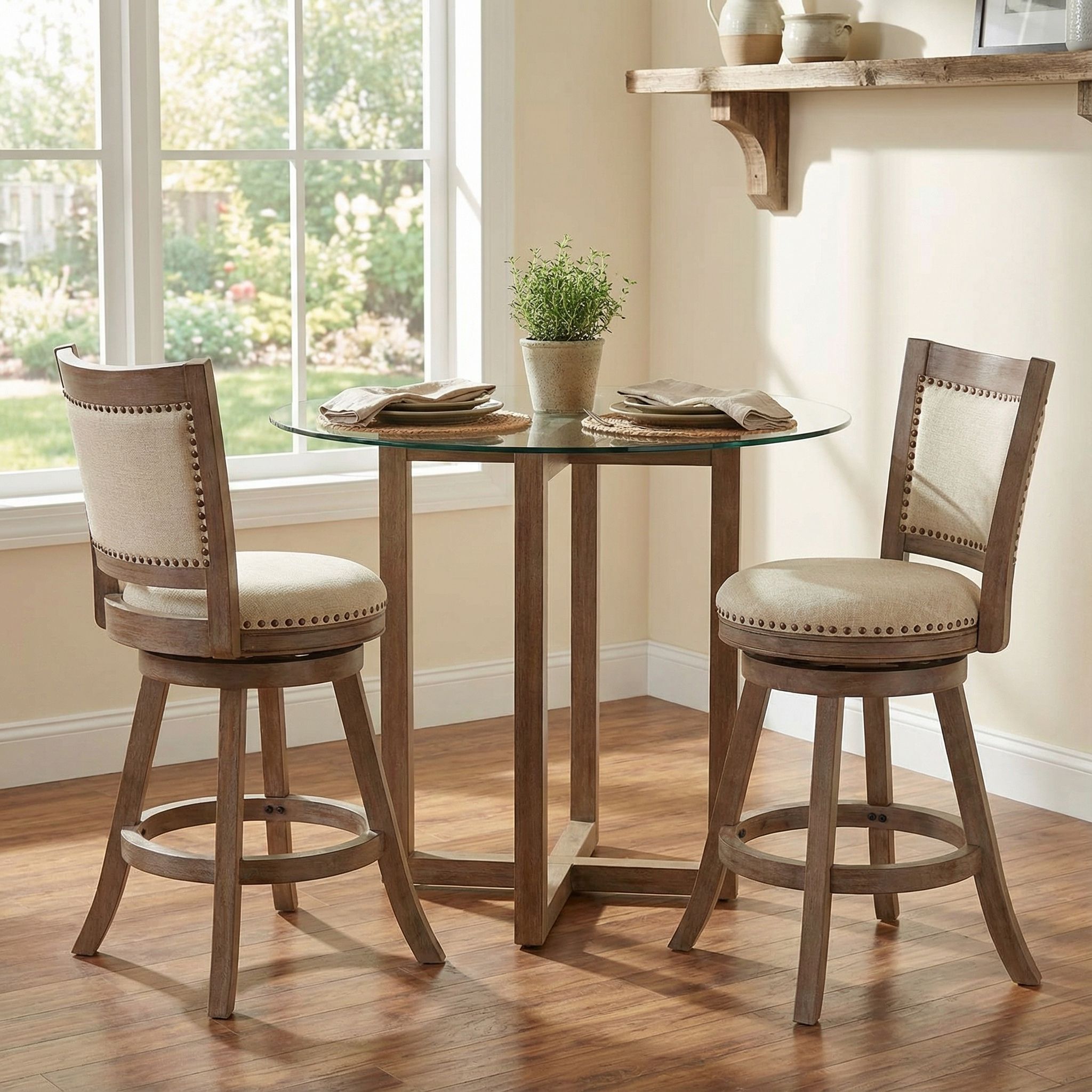 Marko Counter Stool Beige Fabric Swivel Seat with Back, 24" Seat