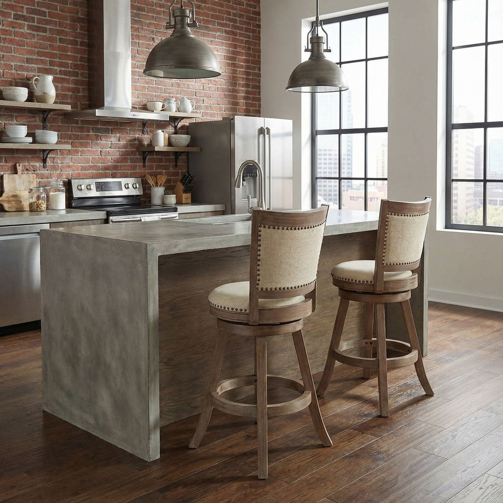 Marko Counter Stool Beige Fabric Swivel Seat with Back, 24" Seat