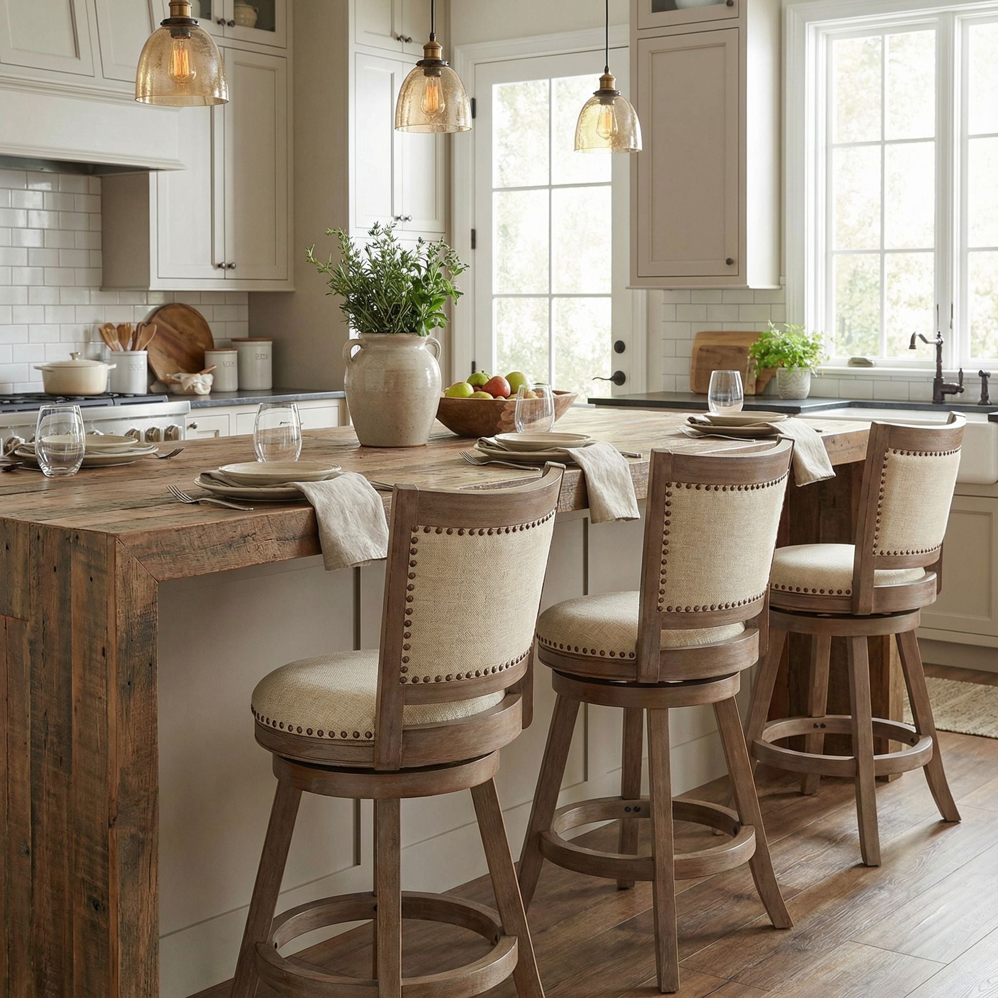 Marko Counter Stool Beige Fabric Swivel Seat with Back, 24" Seat