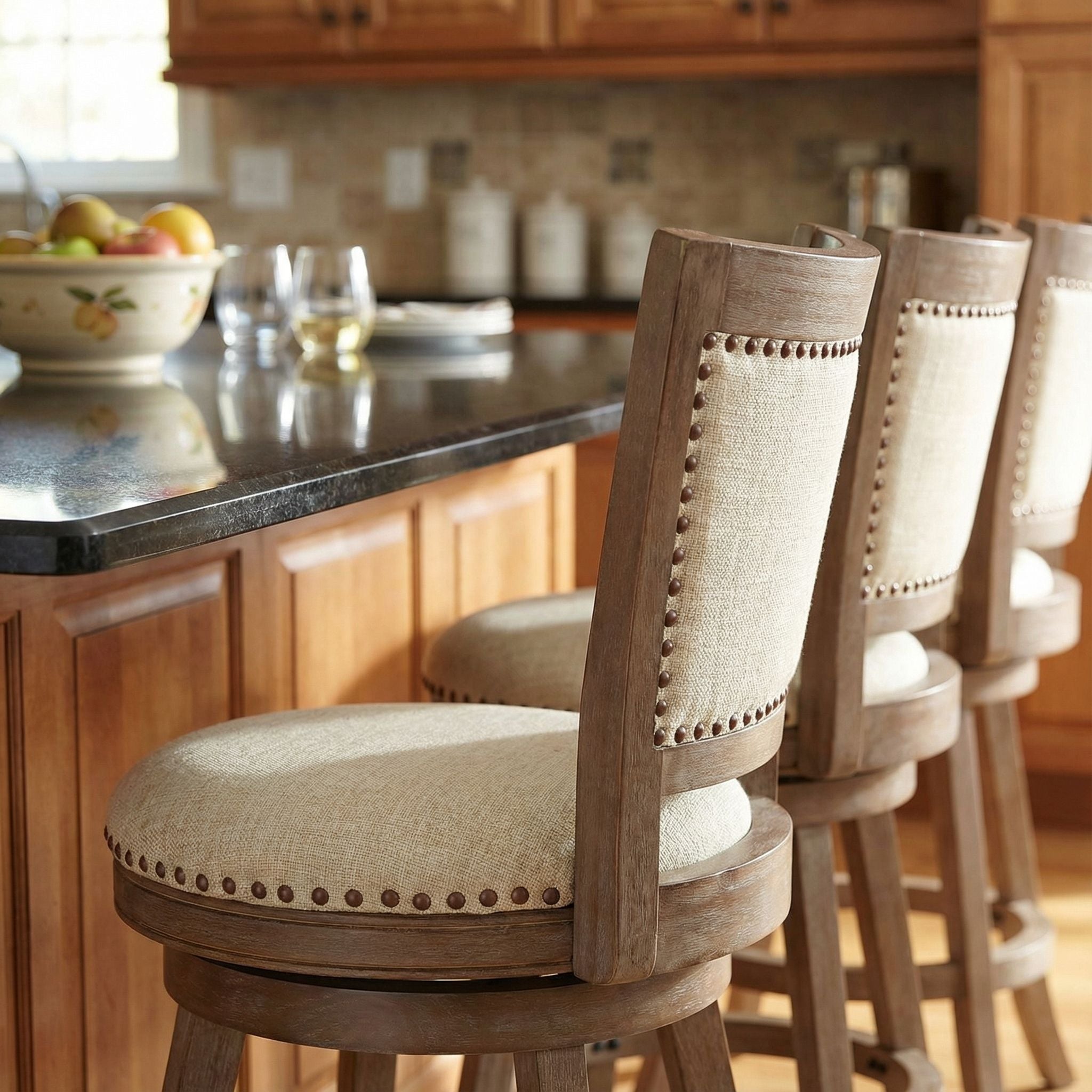 Marko Counter Stool Beige Fabric Swivel Seat with Back, 24" Seat