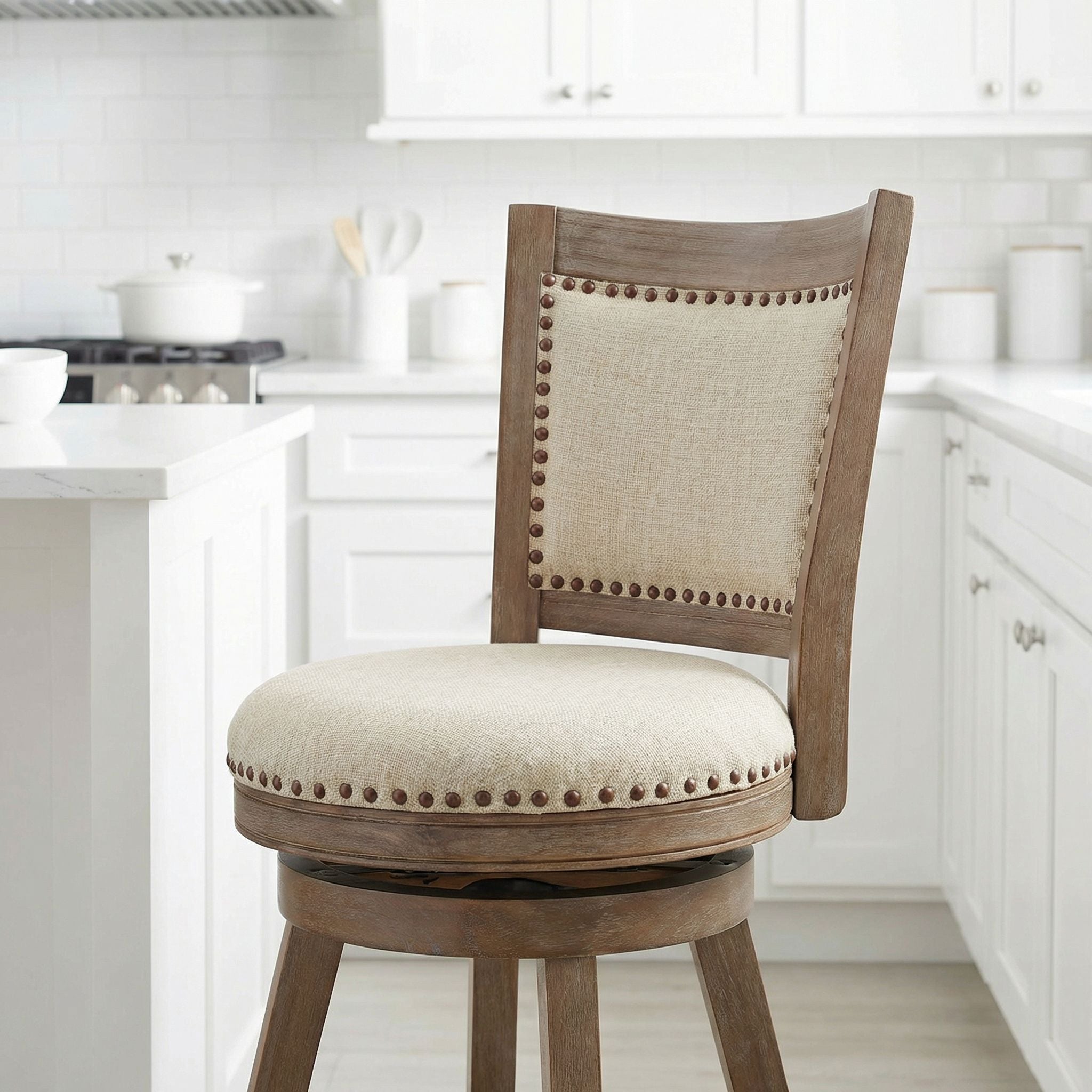 Marko Counter Stool Beige Fabric Swivel Seat with Back, 24" Seat