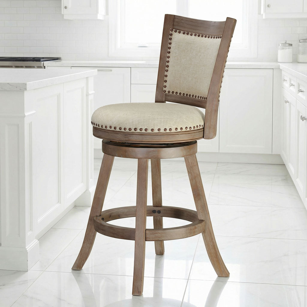 Marko Counter Stool Beige Fabric Swivel Seat with Back, 24" Seat