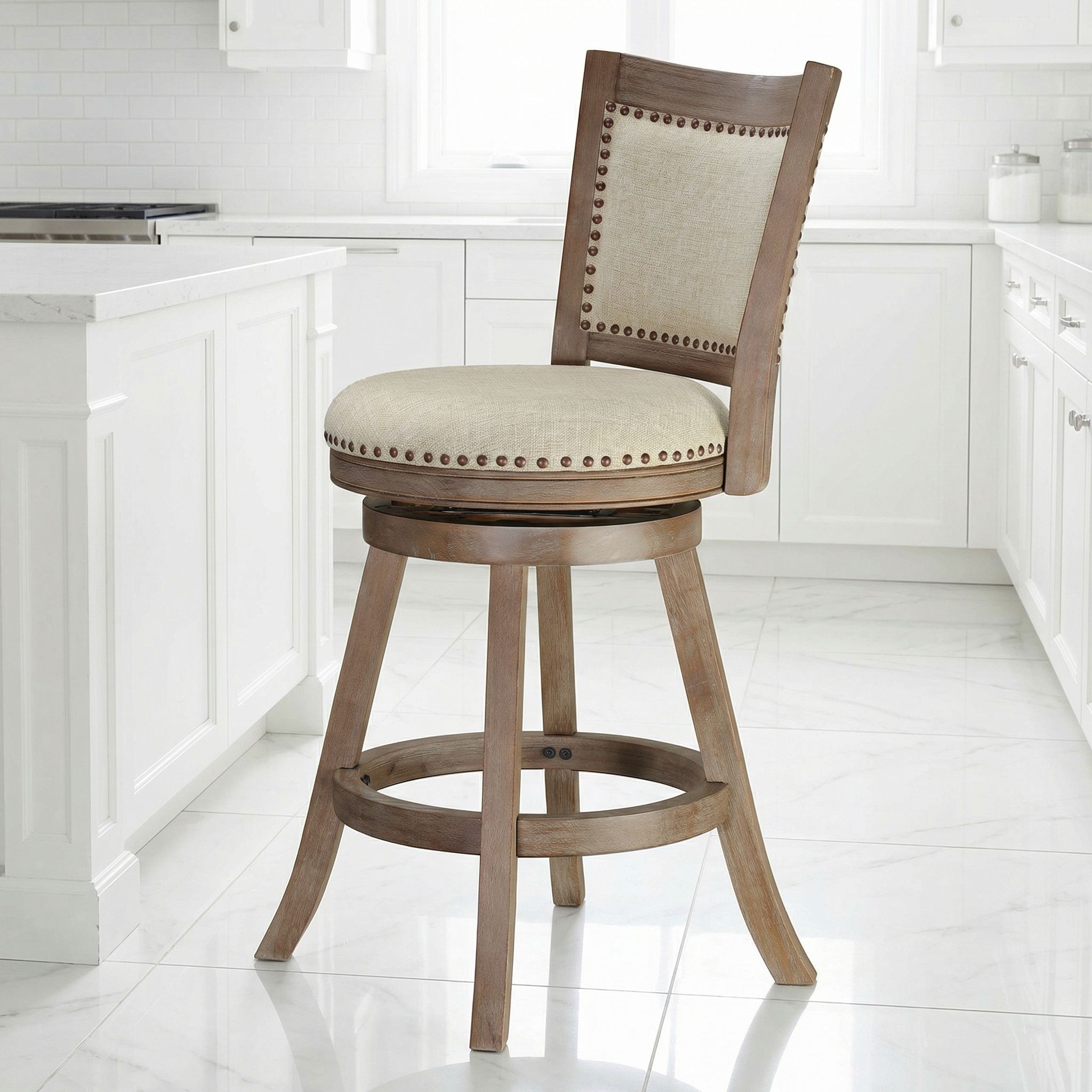 Marko Counter Stool Beige Fabric Swivel Seat with Back, 24" Seat