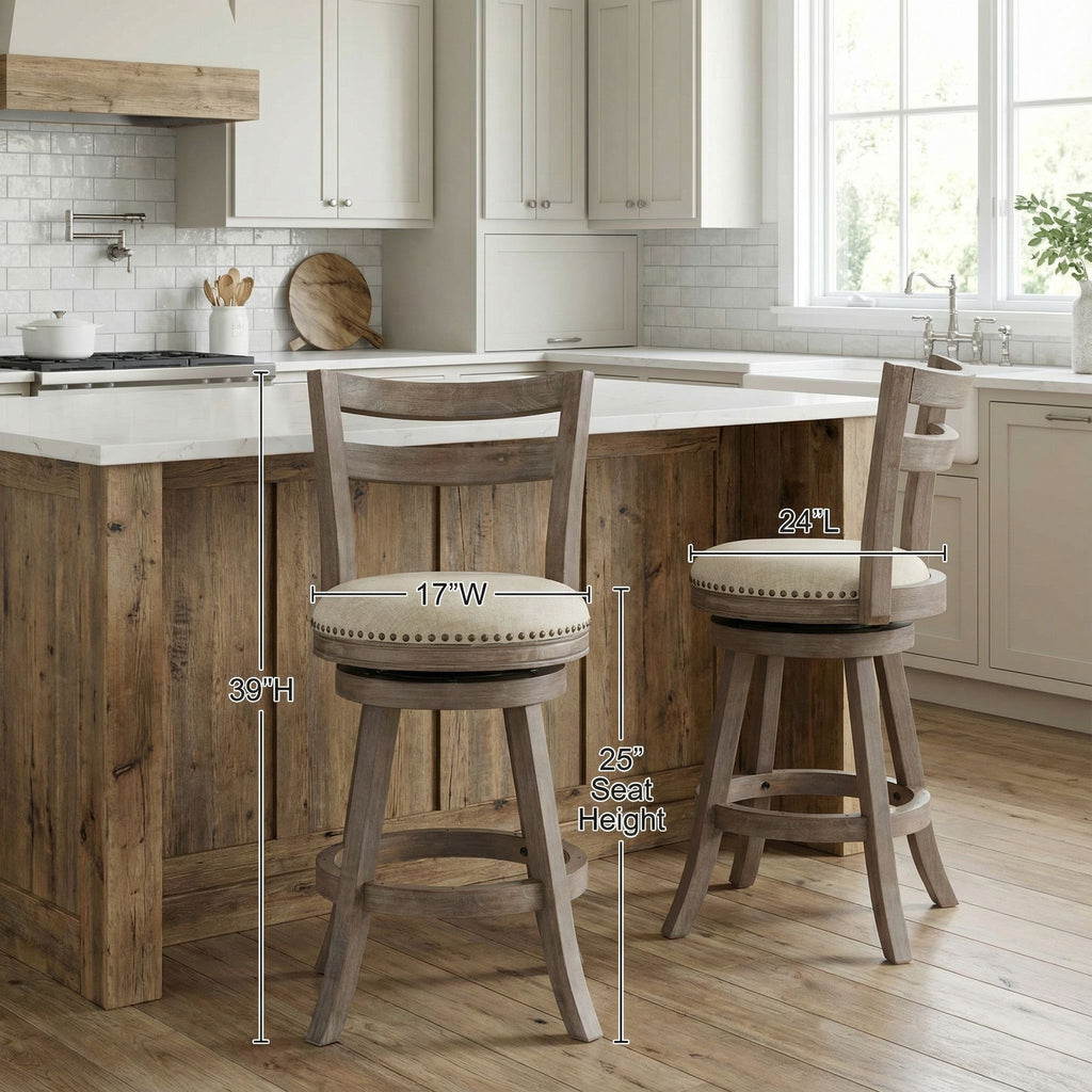 Harper Counter Stool Swivel Bar Stool with Back in Solid Wood, Beige Fabric