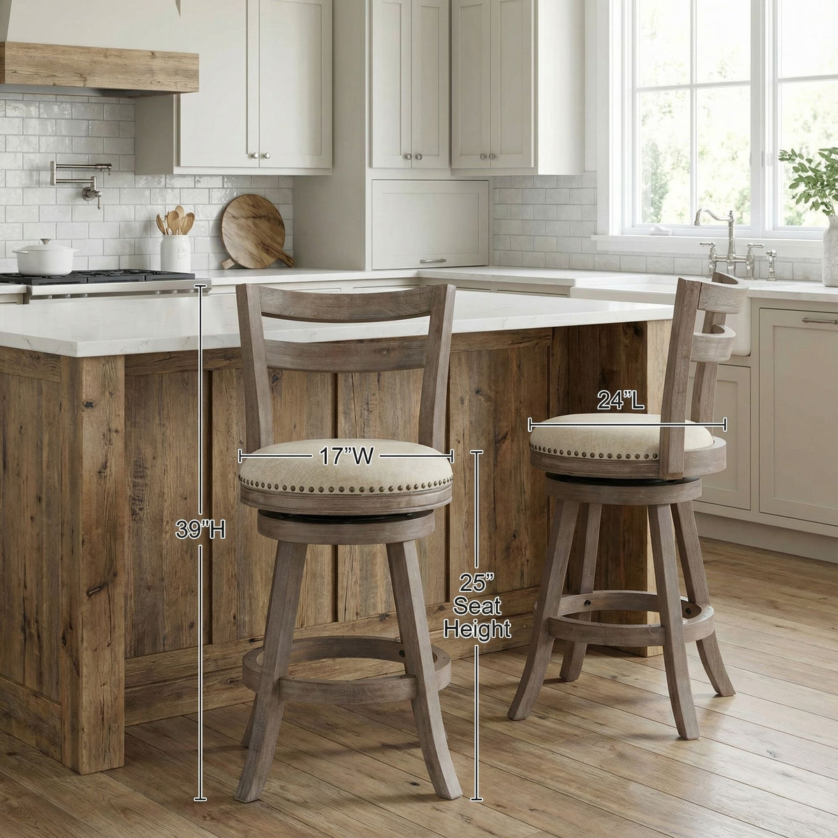 Harper Counter Stool Swivel Bar Stool with Back in Solid Wood, Beige Fabric
