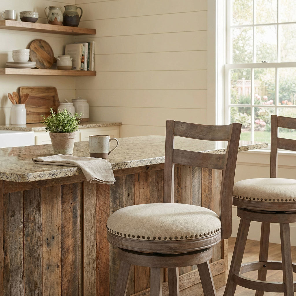 Harper Counter Stool Swivel Bar Stool with Back in Solid Wood, Beige Fabric