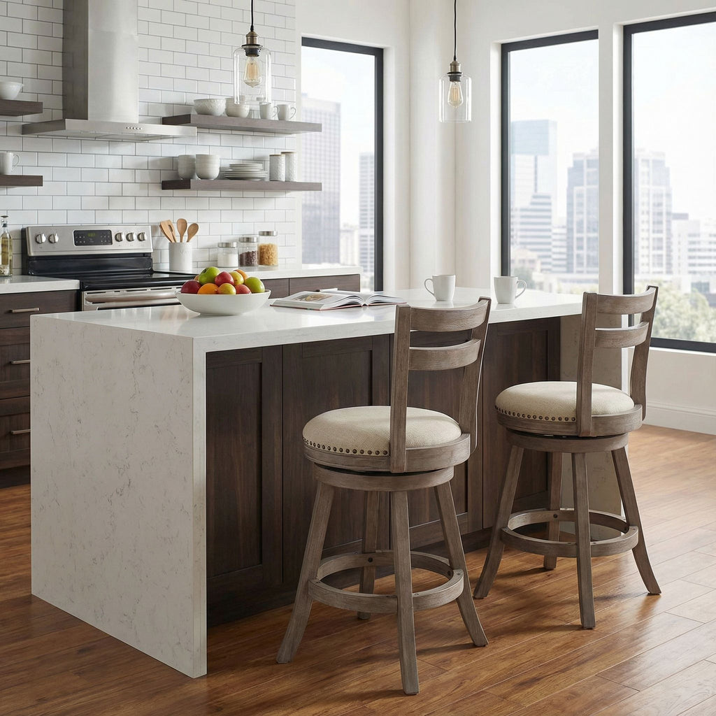 Harper Counter Stool Swivel Bar Stool with Back in Solid Wood, Beige Fabric