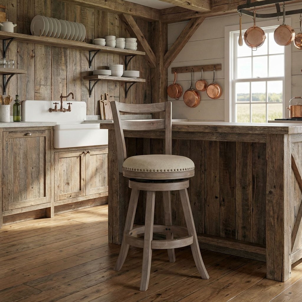 Harper Counter Stool Swivel Bar Stool with Back in Solid Wood, Beige Fabric