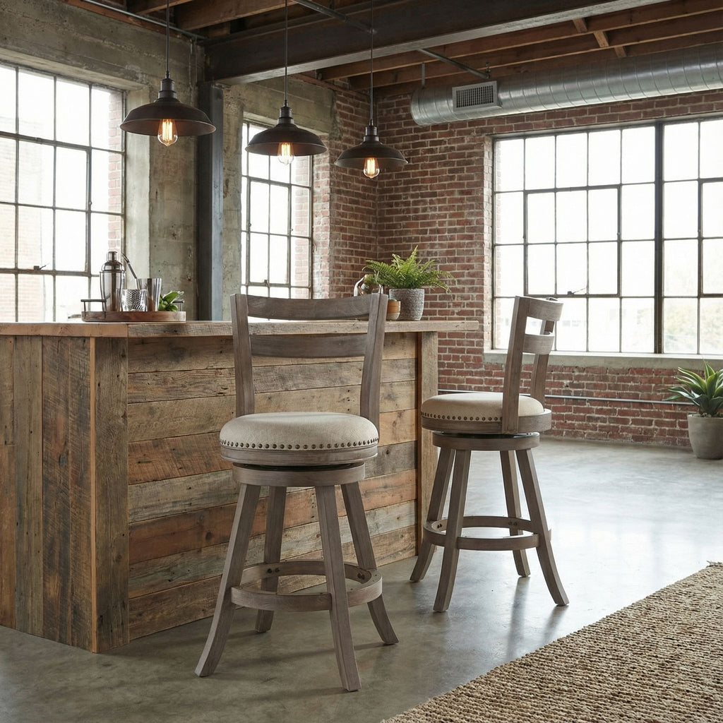 Harper Counter Stool Swivel Bar Stool with Back in Solid Wood, Beige Fabric