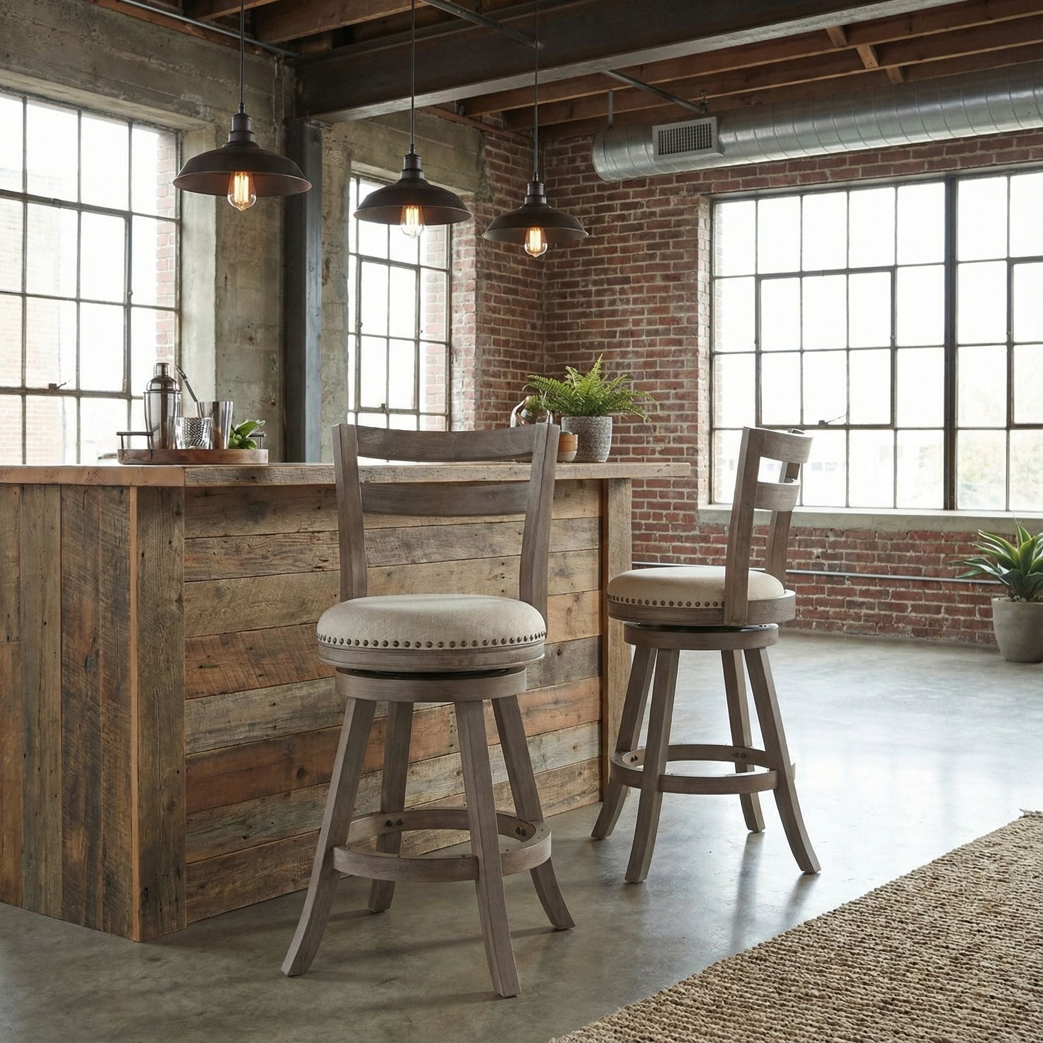 Harper Counter Stool Swivel Bar Stool with Back in Solid Wood, Beige Fabric