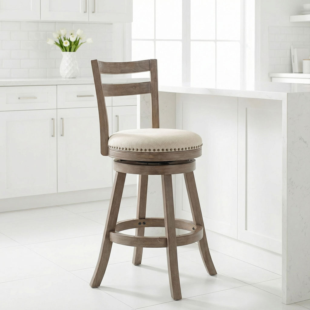 Harper Counter Stool Swivel Bar Stool with Back in Solid Wood, Beige Fabric