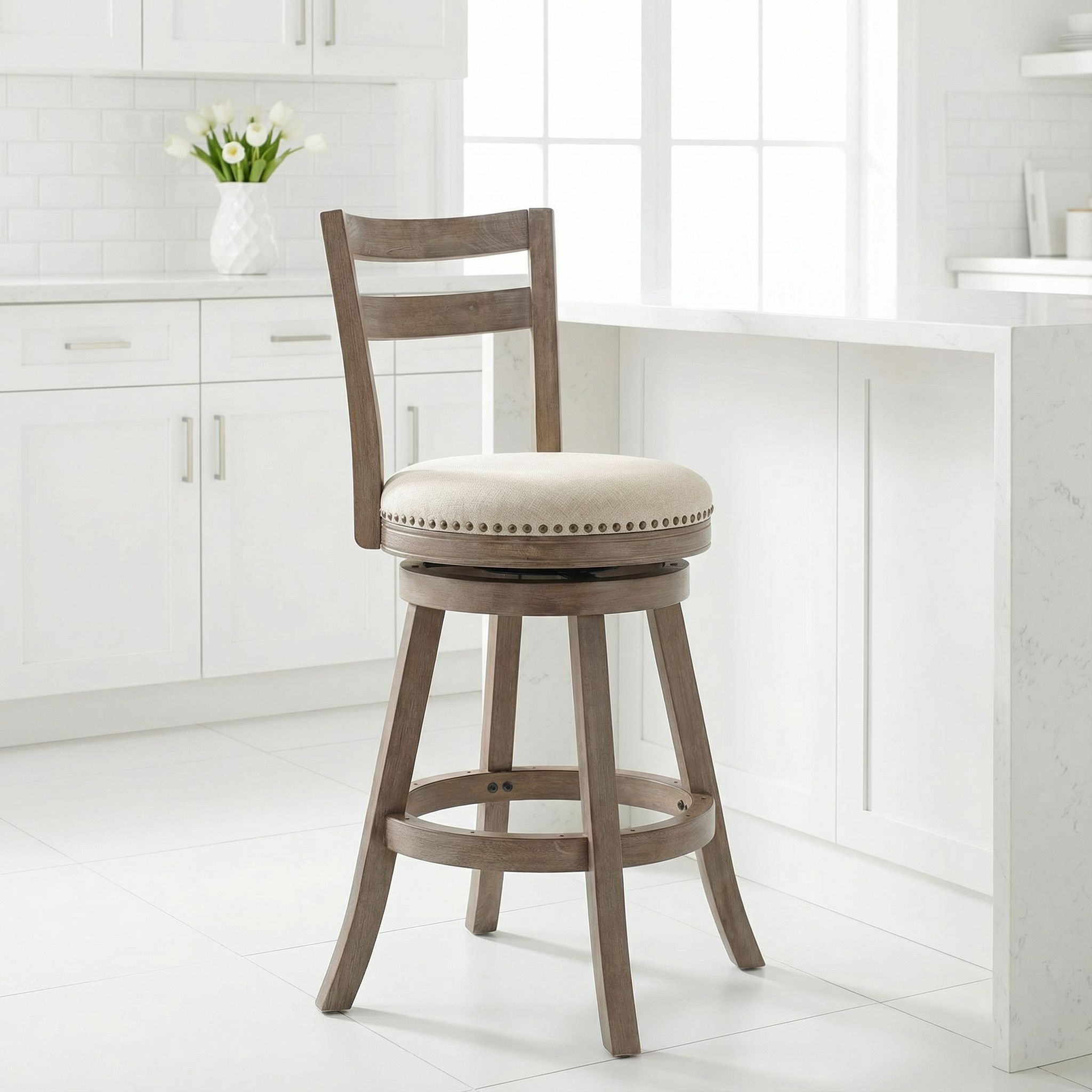 Harper Counter Stool Swivel Bar Stool with Back in Solid Wood, Beige Fabric