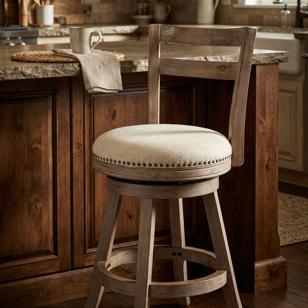 Harper Counter Stool Swivel Bar Stool with Back in Solid Wood, Beige Fabric