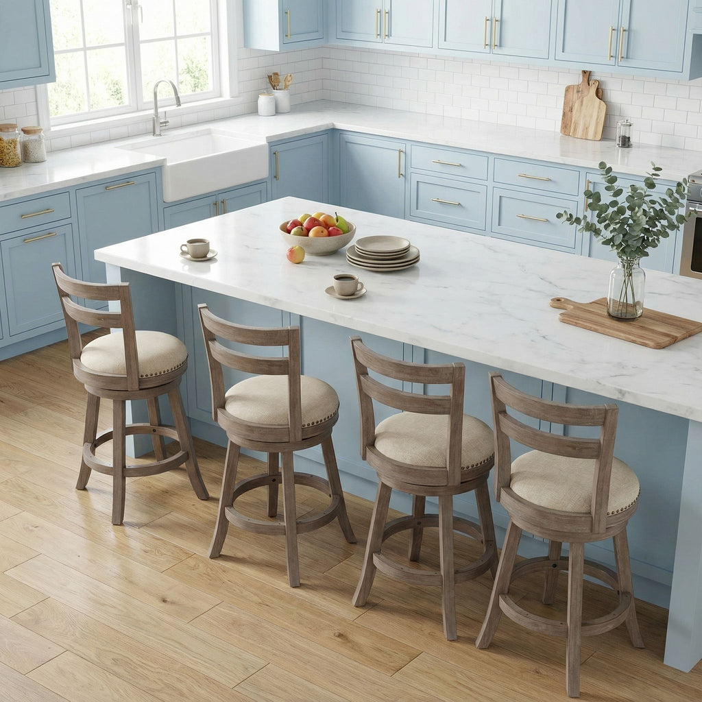 Harper Counter Stool Swivel Bar Stool with Back in Solid Wood, Beige Fabric