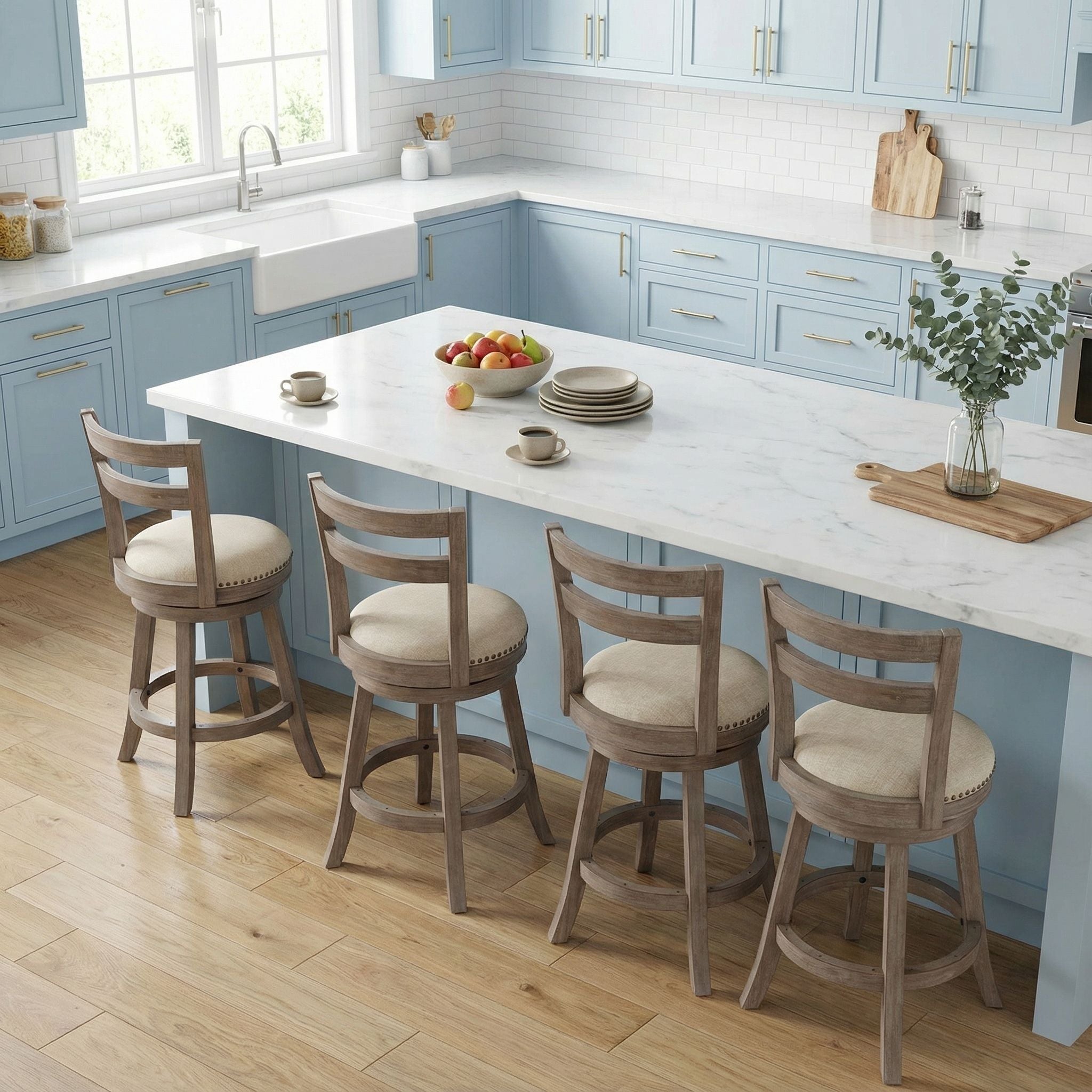 Harper Counter Stool Swivel Bar Stool with Back in Solid Wood, Beige Fabric