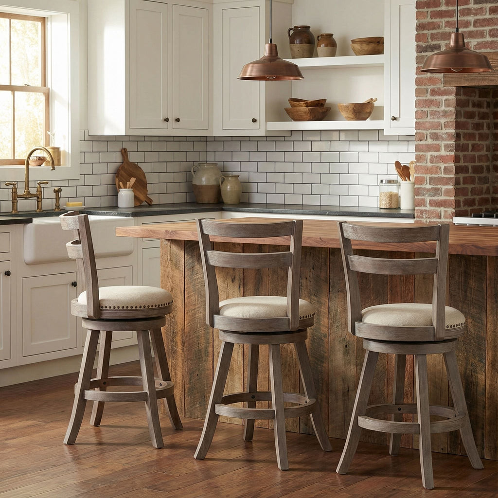 Harper Counter Stool Swivel Bar Stool with Back in Solid Wood, Beige Fabric