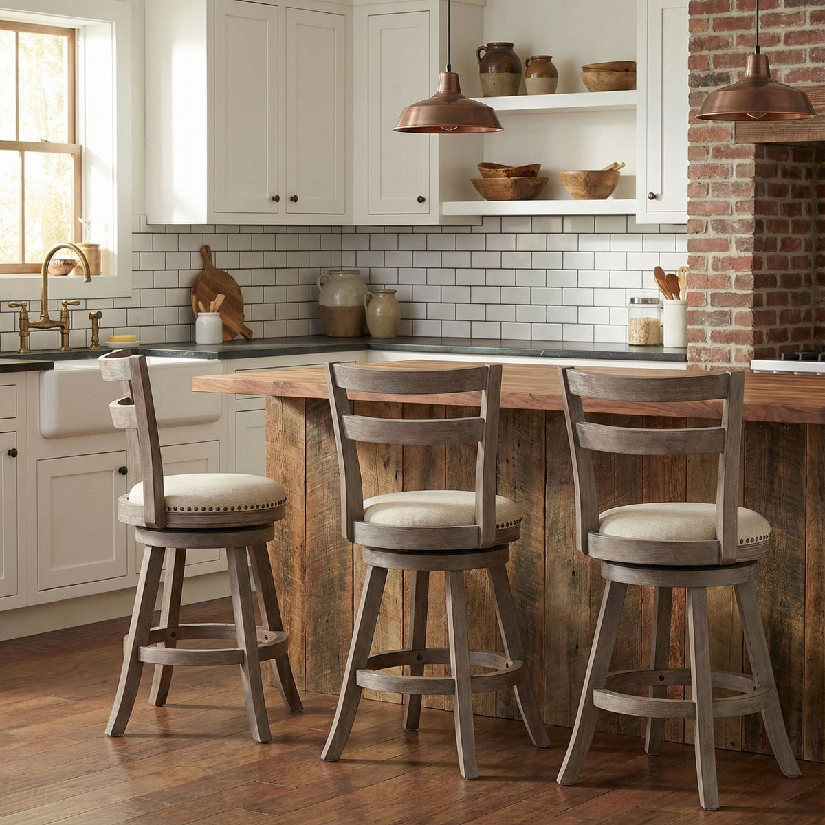 Harper Counter Stool Swivel Bar Stool with Back in Solid Wood, Beige Fabric