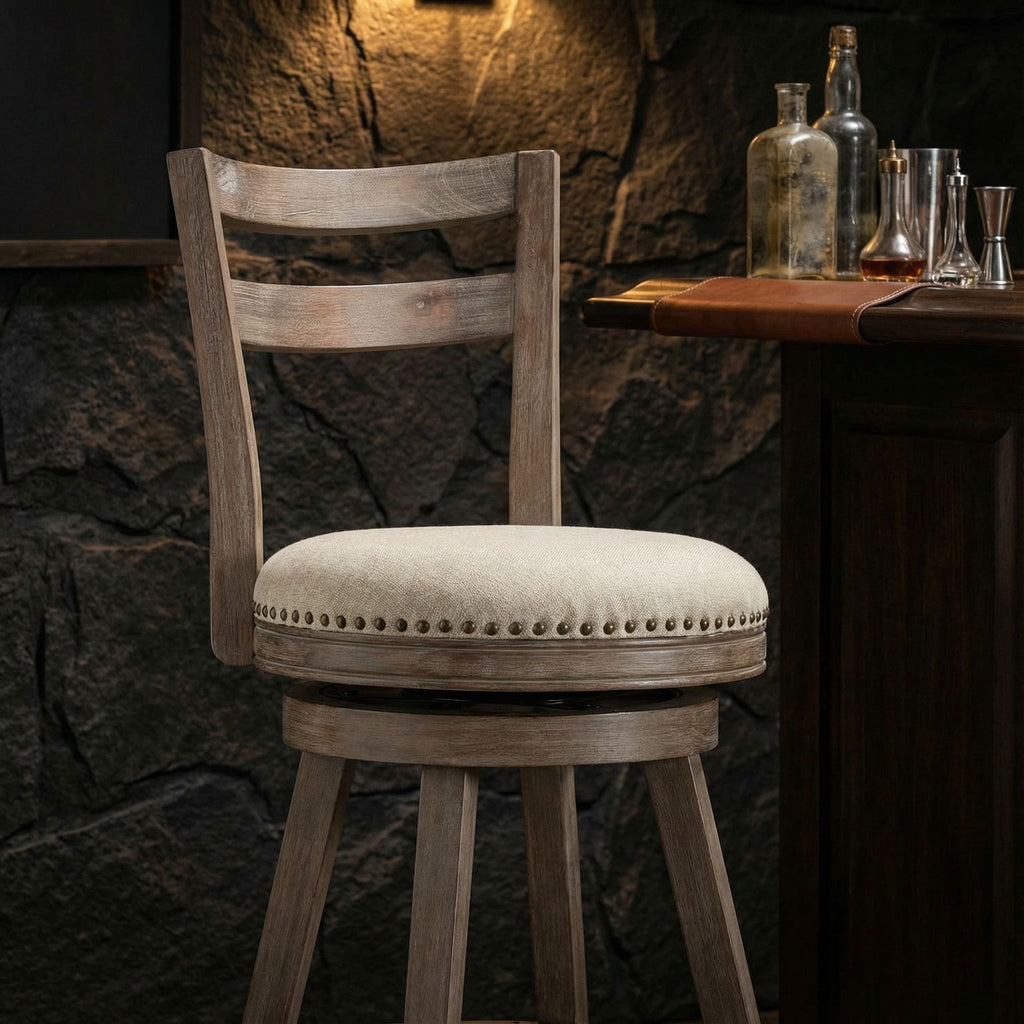 Harper Counter Stool Swivel Bar Stool with Back in Solid Wood, Beige Fabric