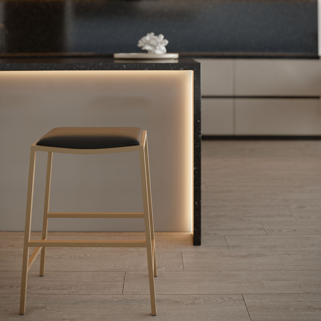 Hardi Counterstool Gold Metal Frame with Wide Black Seat, 25.5" Tall