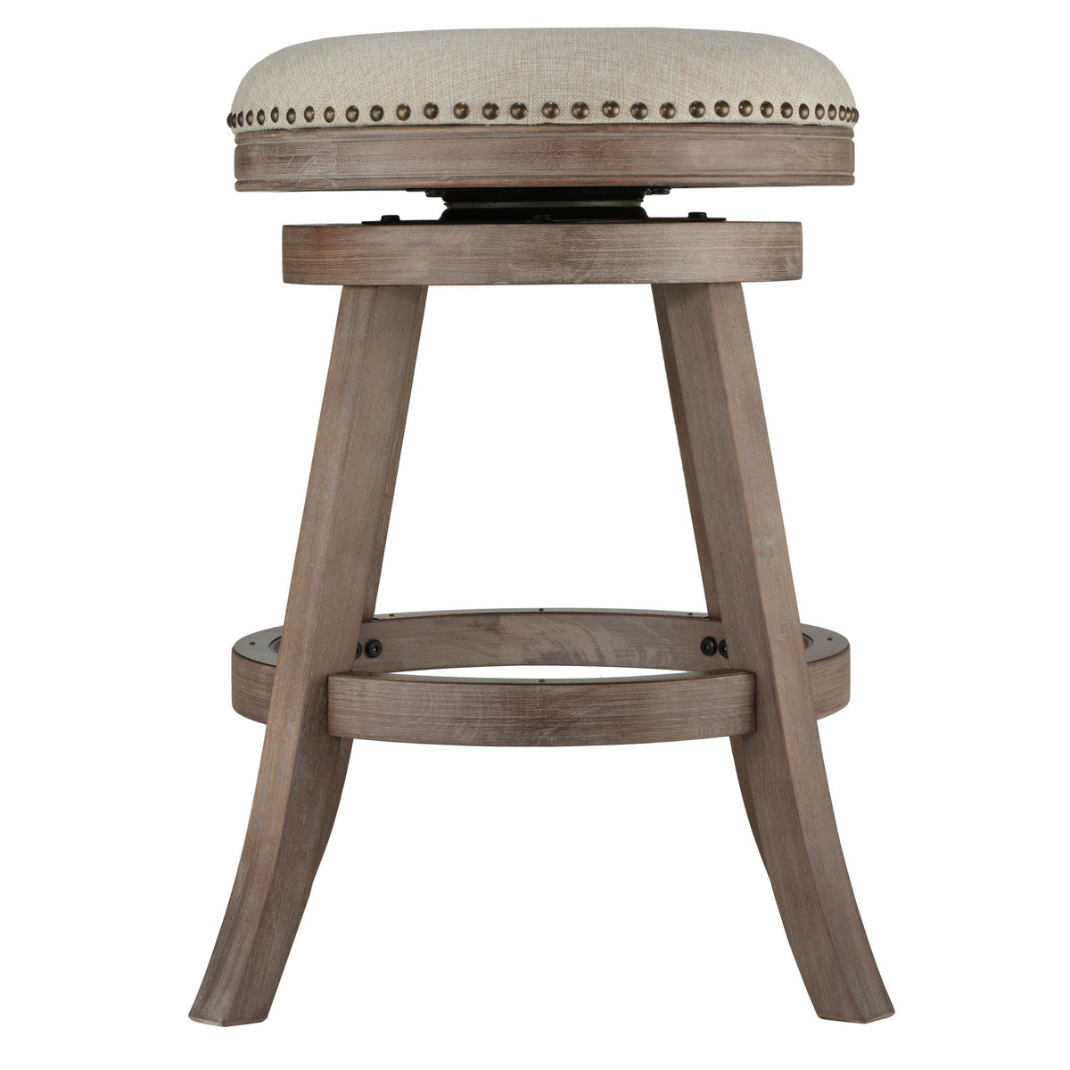 Sadie Backless Swivel Counter Stool in Solid Wood & Beige Fabric, 25" Seat