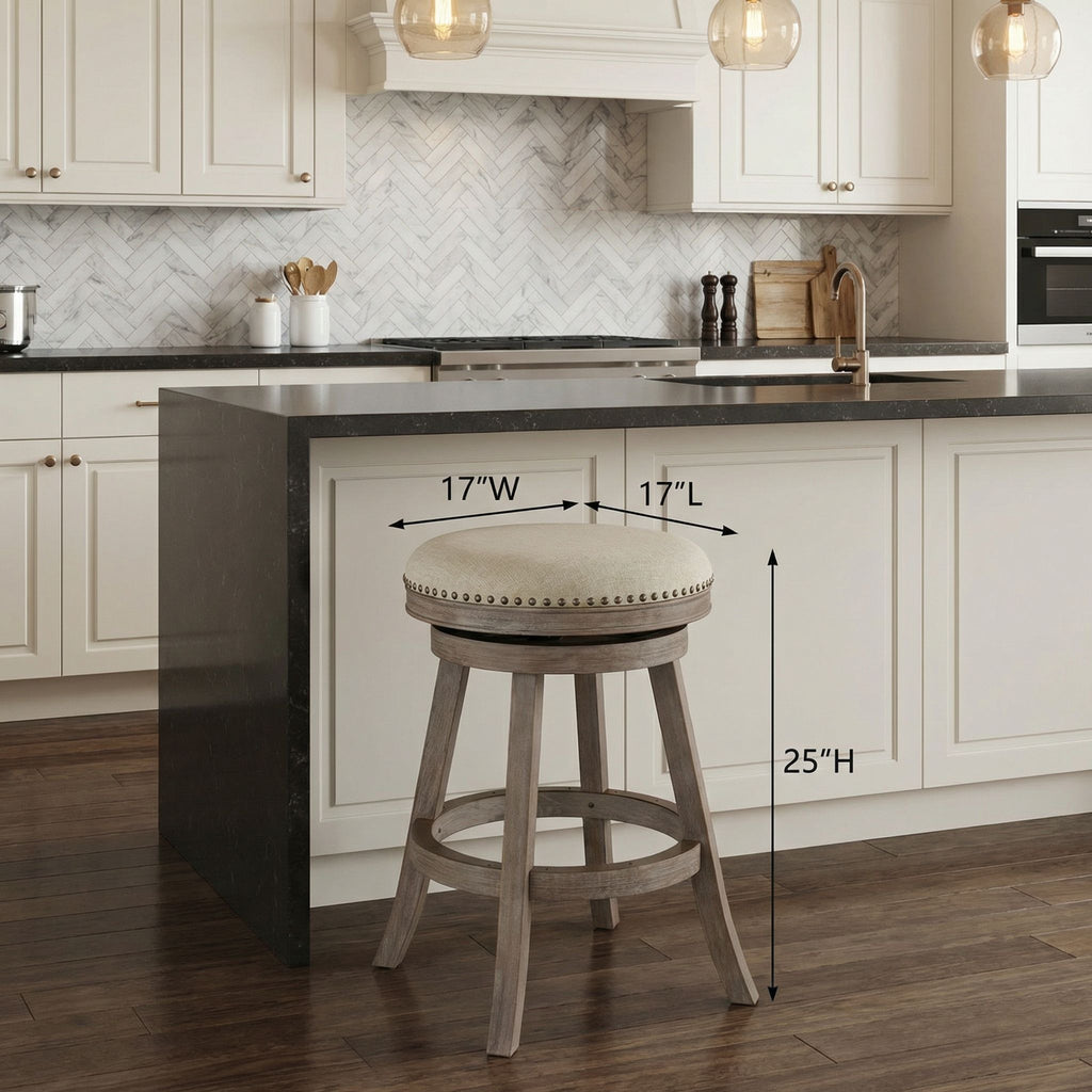 Sadie Backless Swivel Counter Stool in Solid Wood & Beige Fabric, 25" Seat