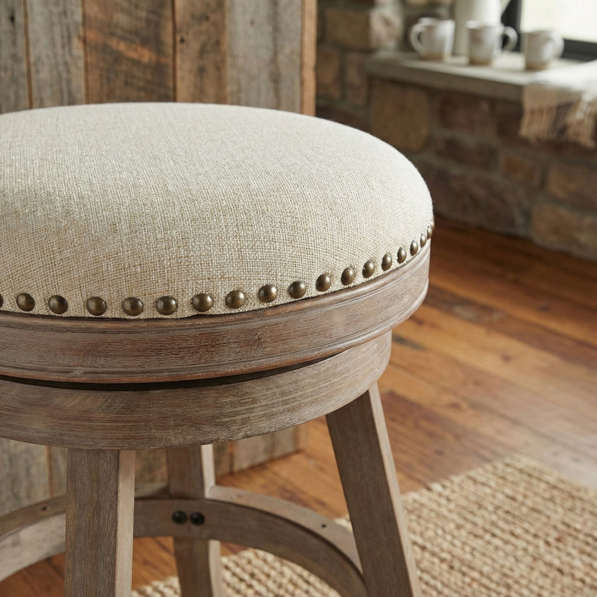 Sadie Backless Swivel Counter Stool in Solid Wood & Beige Fabric, 25" Seat