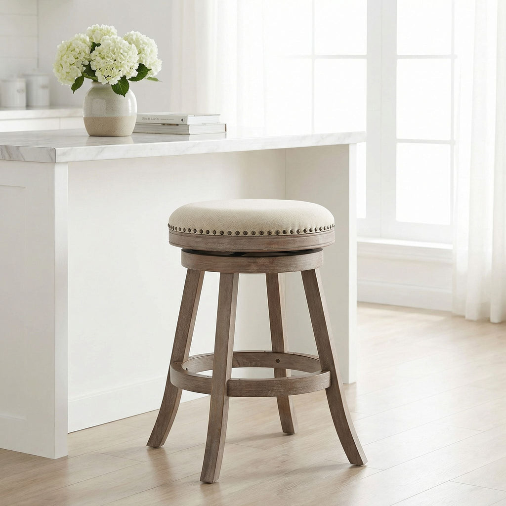 Sadie Backless Swivel Counter Stool in Solid Wood & Beige Fabric, 25" Seat