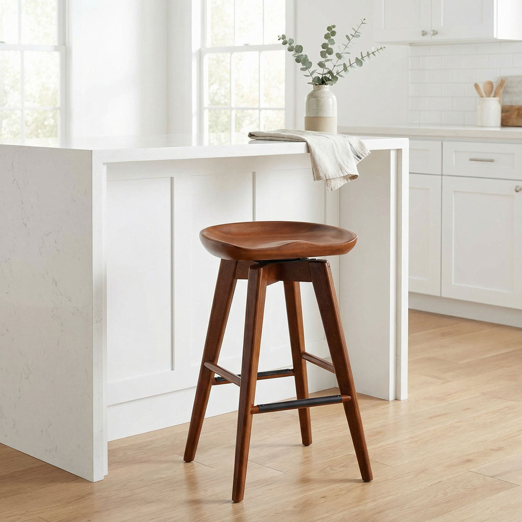 Tiwi Backless Swivel Counter Stool in Solid Wood, 24" Walnut
